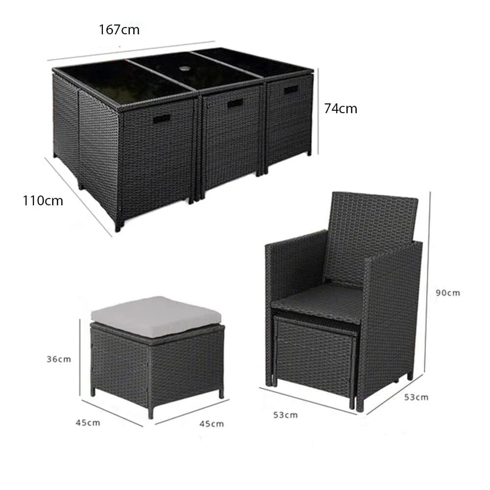 Cube 10 Seater Rattan Outdoor Dining Set with Grey LED Premium Parasol  - Black Weave - Image 8