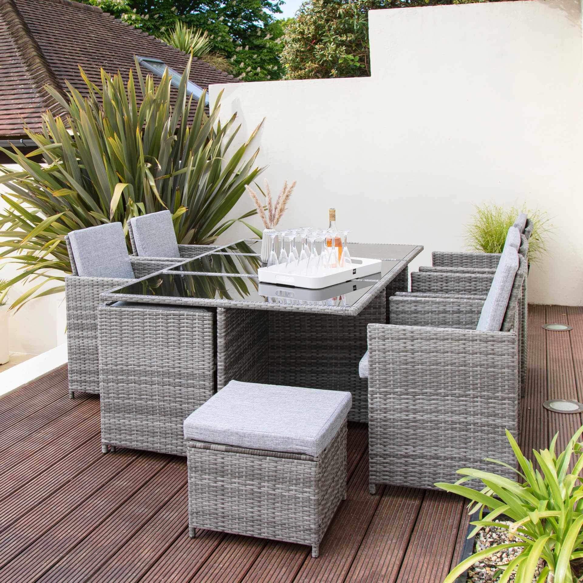 Cube 10 Seater Rattan Outdoor Dining Set with Cream LED Premium Parasol - Grey Weave - Image 5