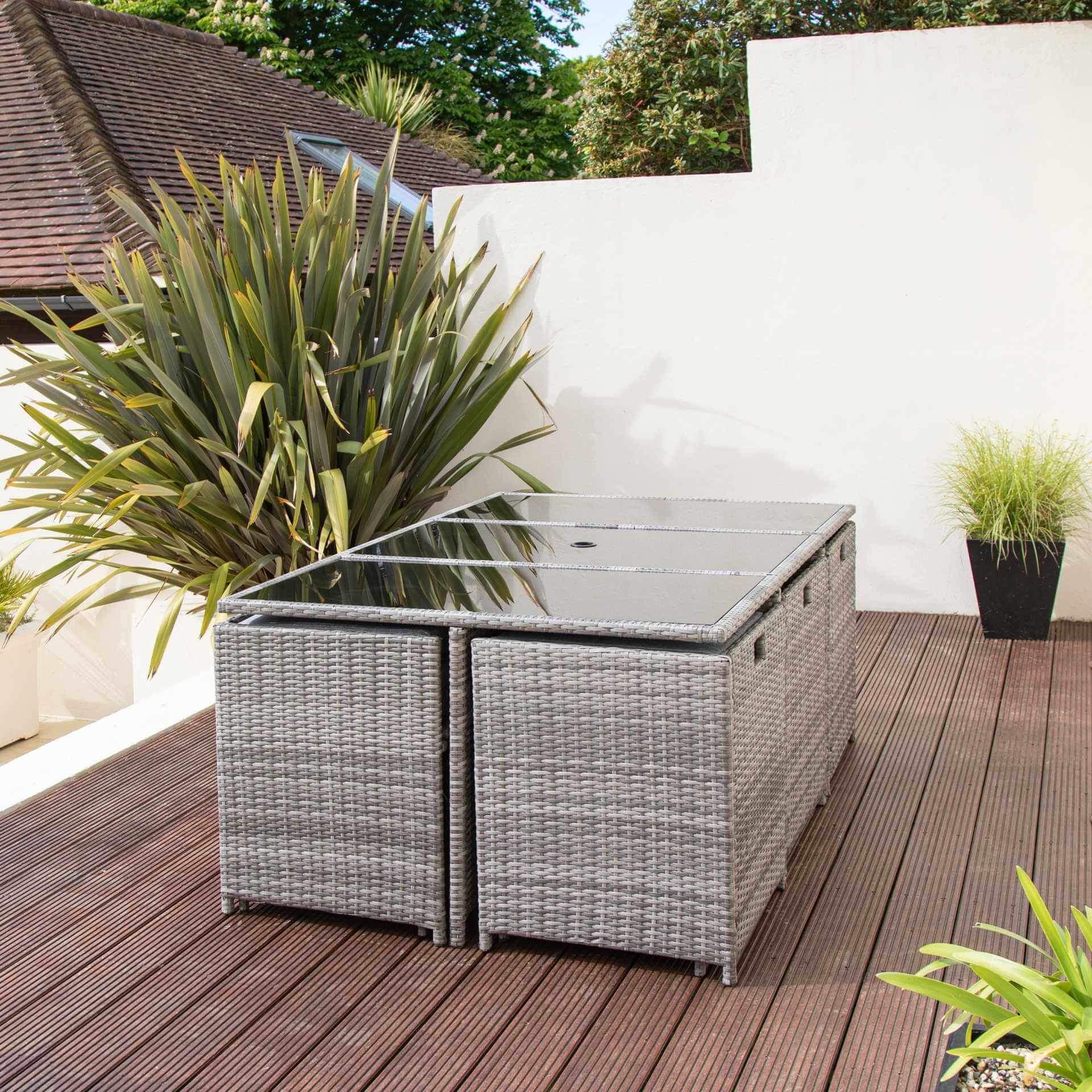 Cube 10 Seater Rattan Outdoor Dining Set with Grey LED Premium Parasol - Grey Weave - Image 7