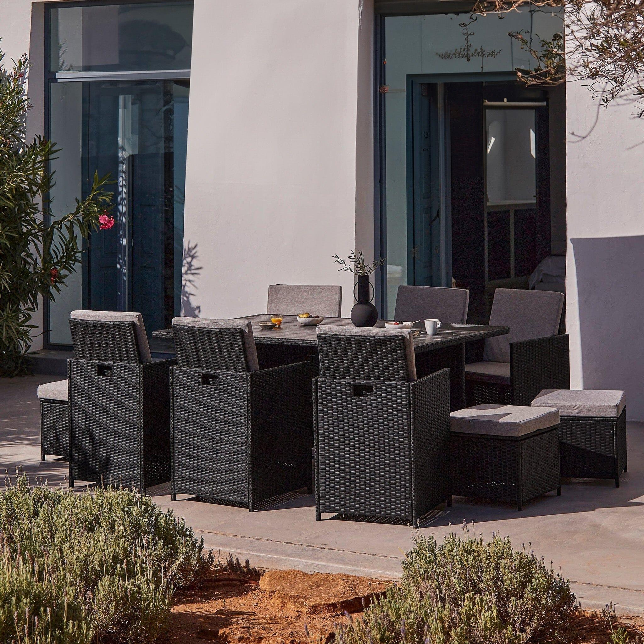 Cube 10 Seater Rattan Outdoor Dining Set - Black Weave Polywood Top