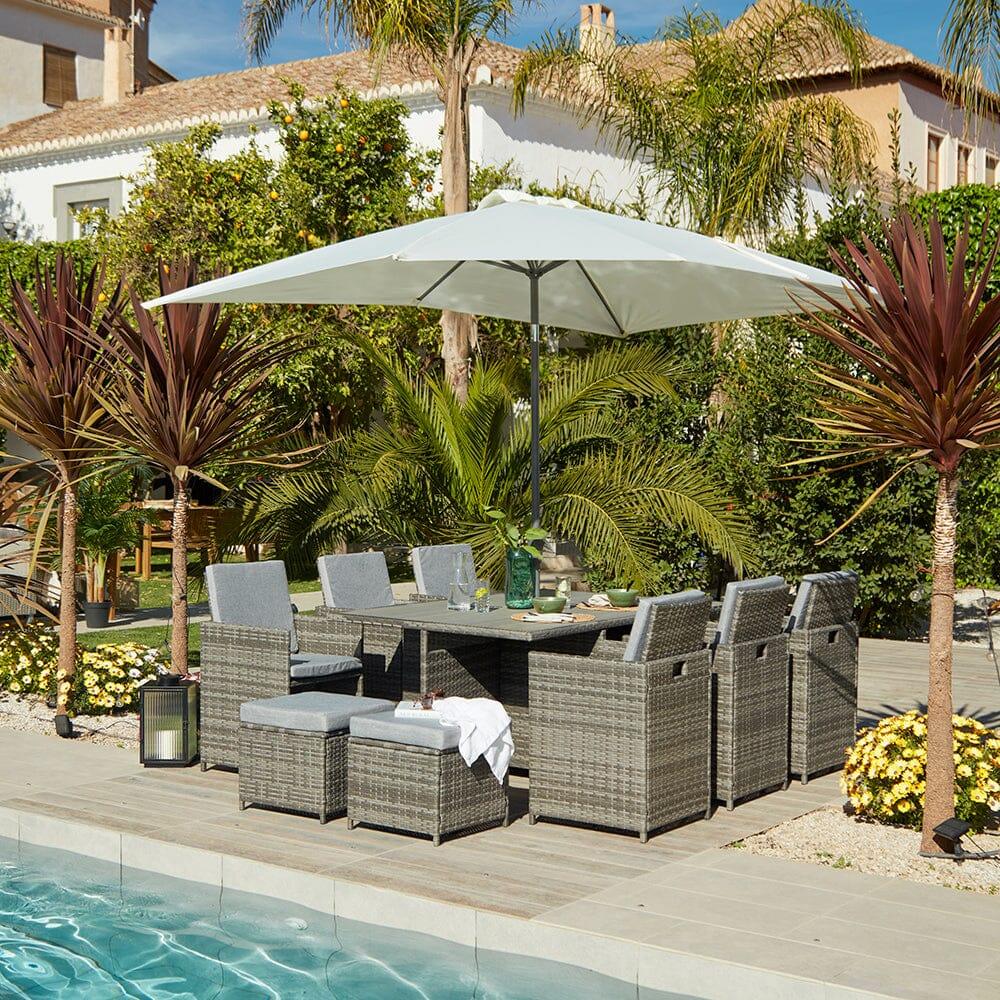 Cube 10 Seater Rattan Outdoor Dining Set with Cream Parasol - Grey Weave Polywood Top - Image 5