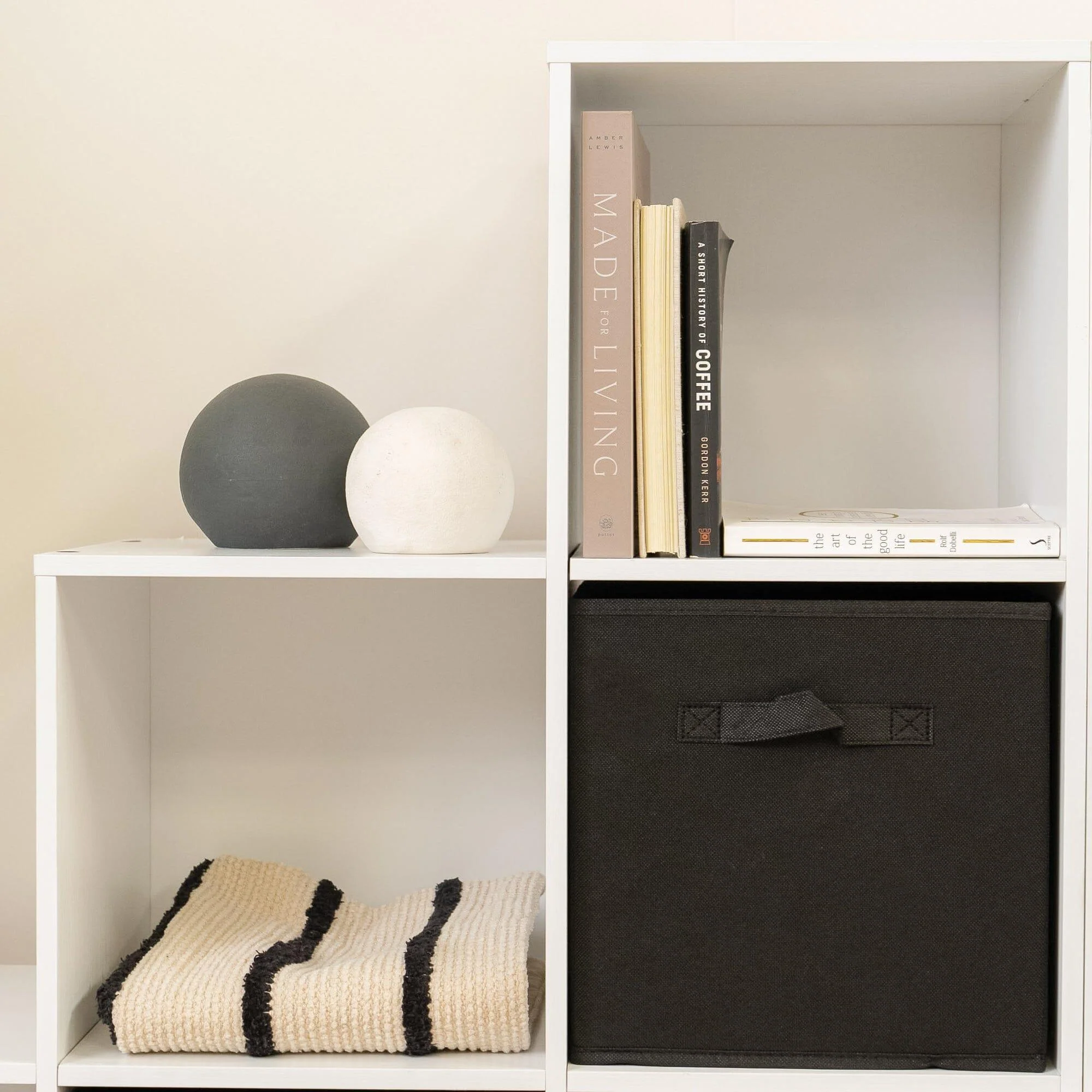 Cara 12 Cube Bookcase Ladder Storage Unit - Chalk White - Two 6 Cube Units - Black Basket - Image 9