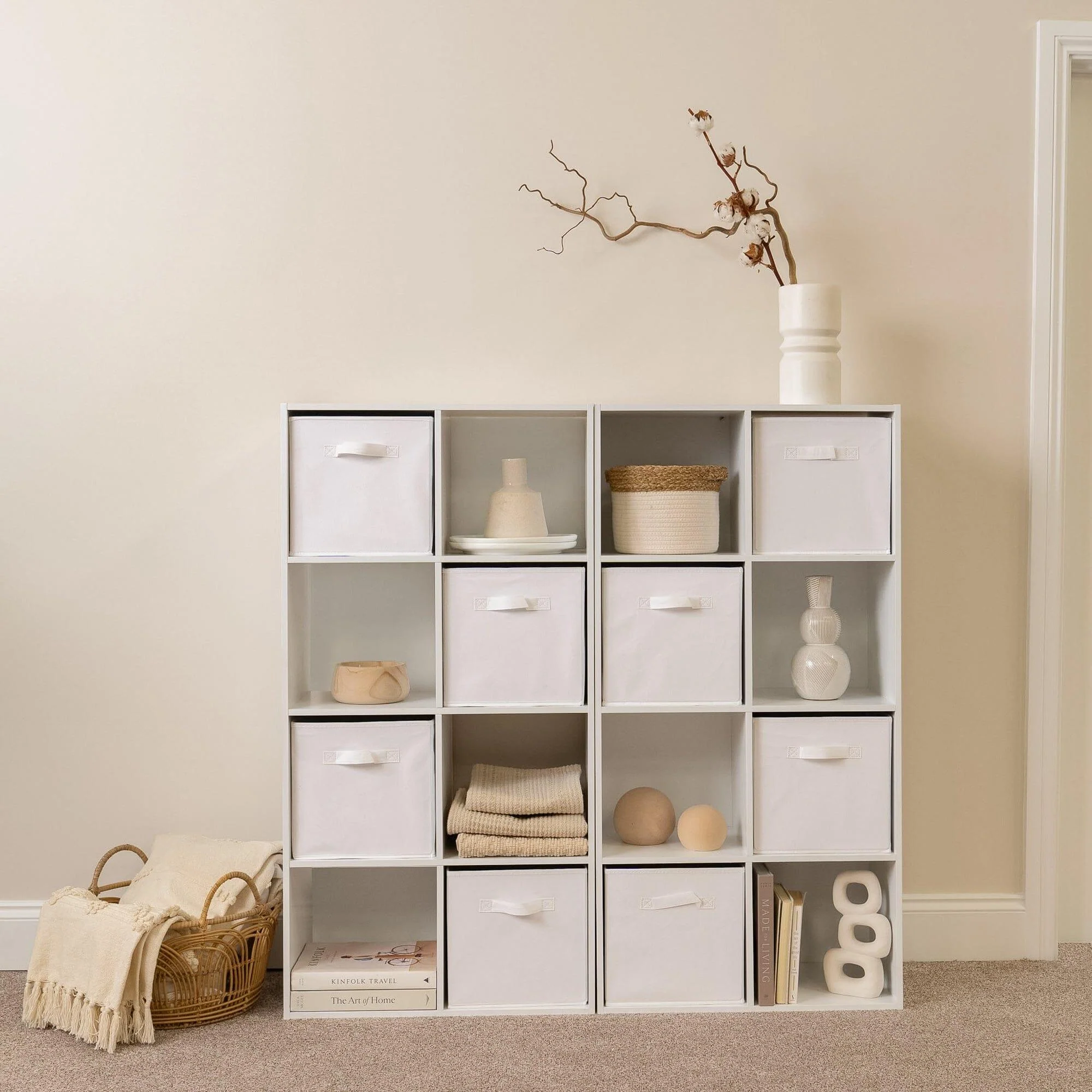 Cara 16 Cube Storage Unit - Chalk White - Two 8x2 Units - White Basket - Image 2