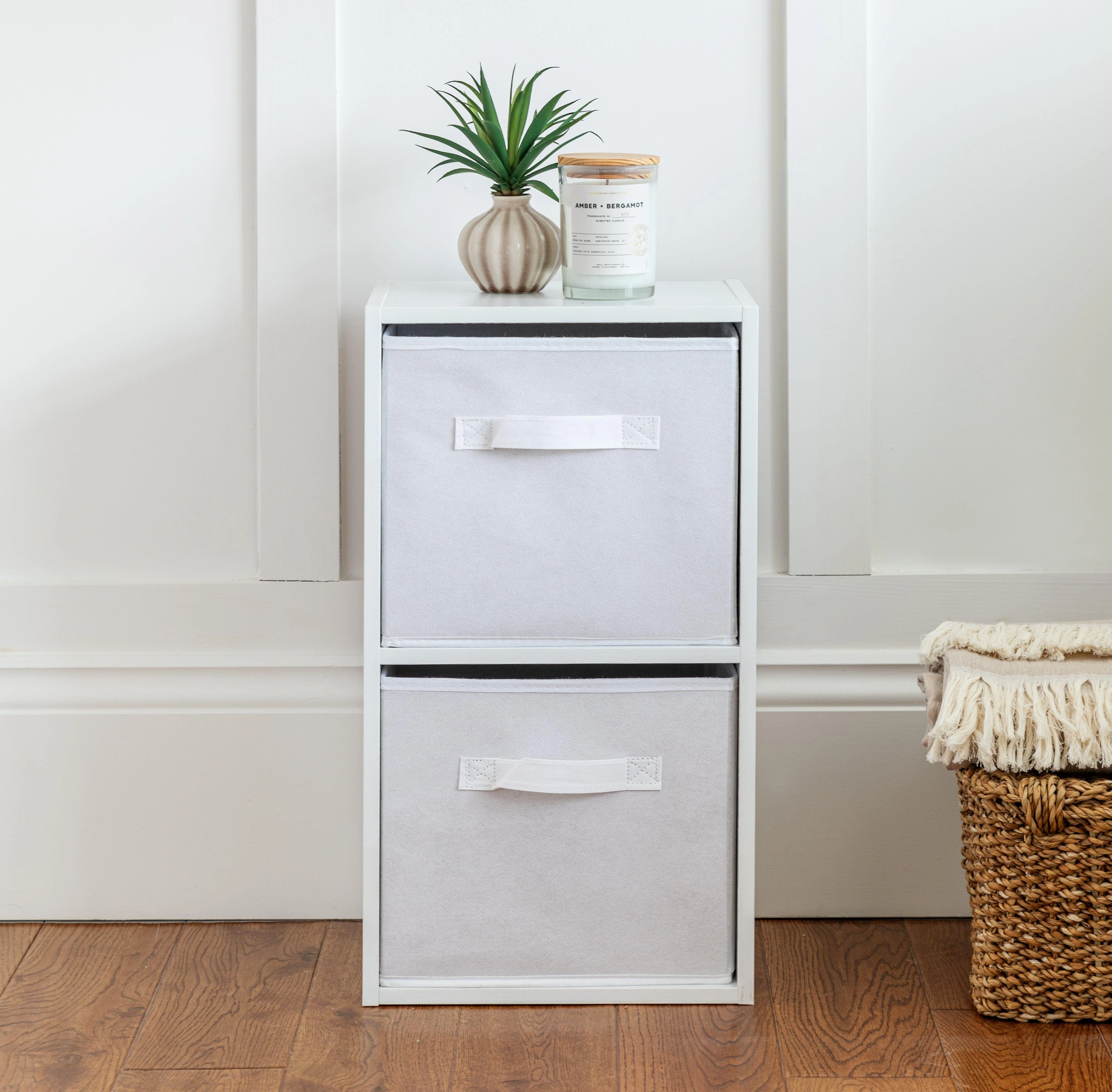 Cara 2 Tier Storage Unit / Chalk White Bookcase with White Boxes - Image 2