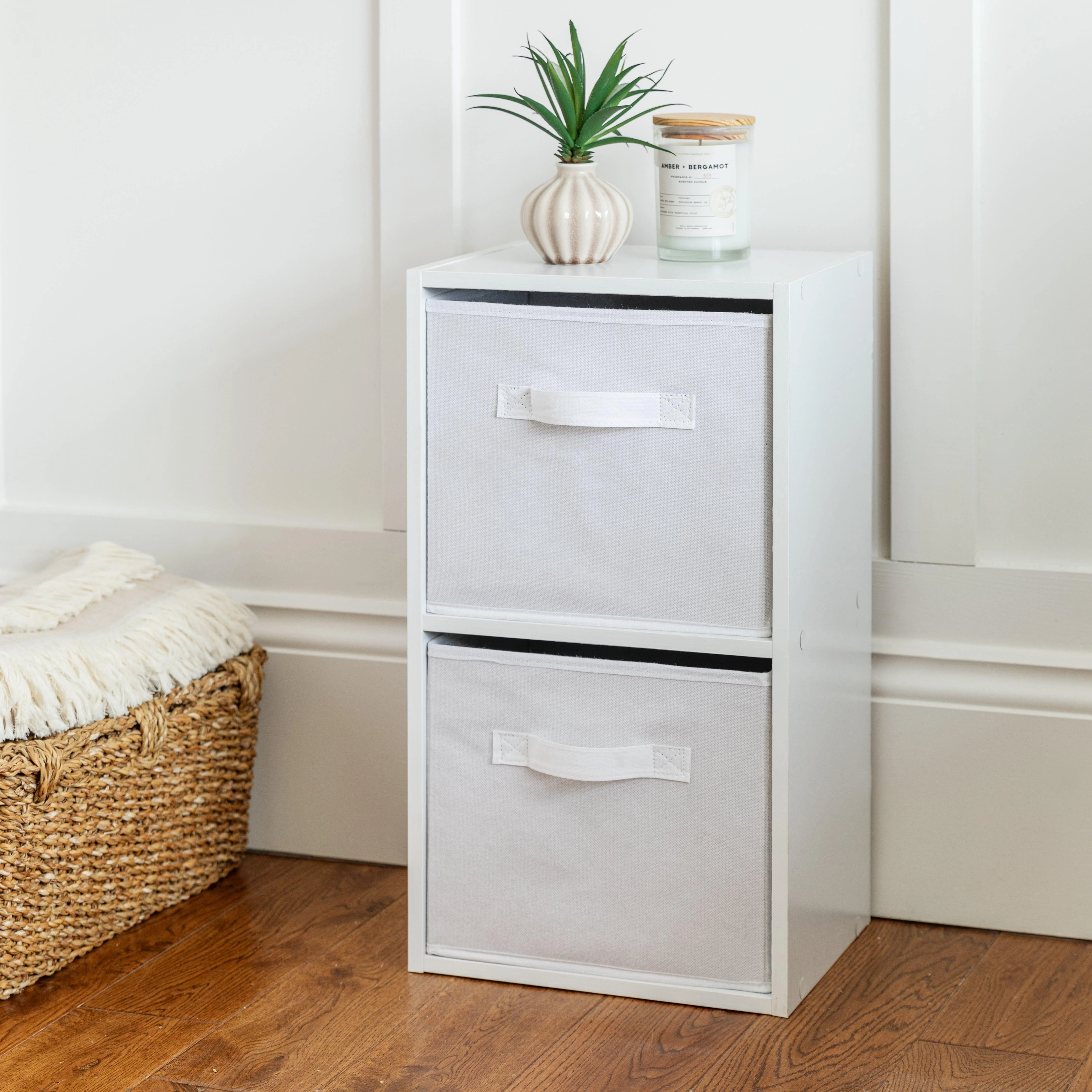 Cara 2 Tier Storage Unit / Chalk White Bookcase with White Boxes - Image 3