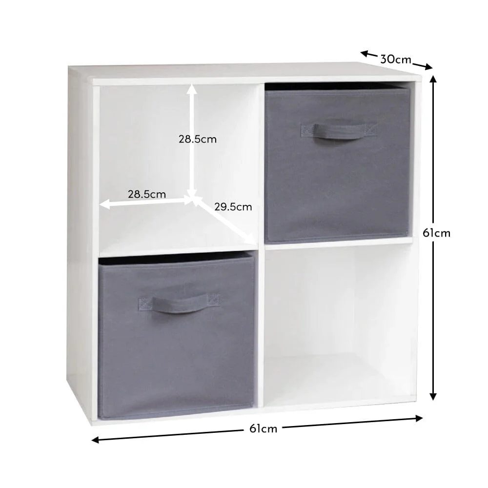 Cara 4 Cube Chalk White Bookcase Wooden Display Unit Shelving Storage Bookshelf Shelves - Grey Basket - Image 9