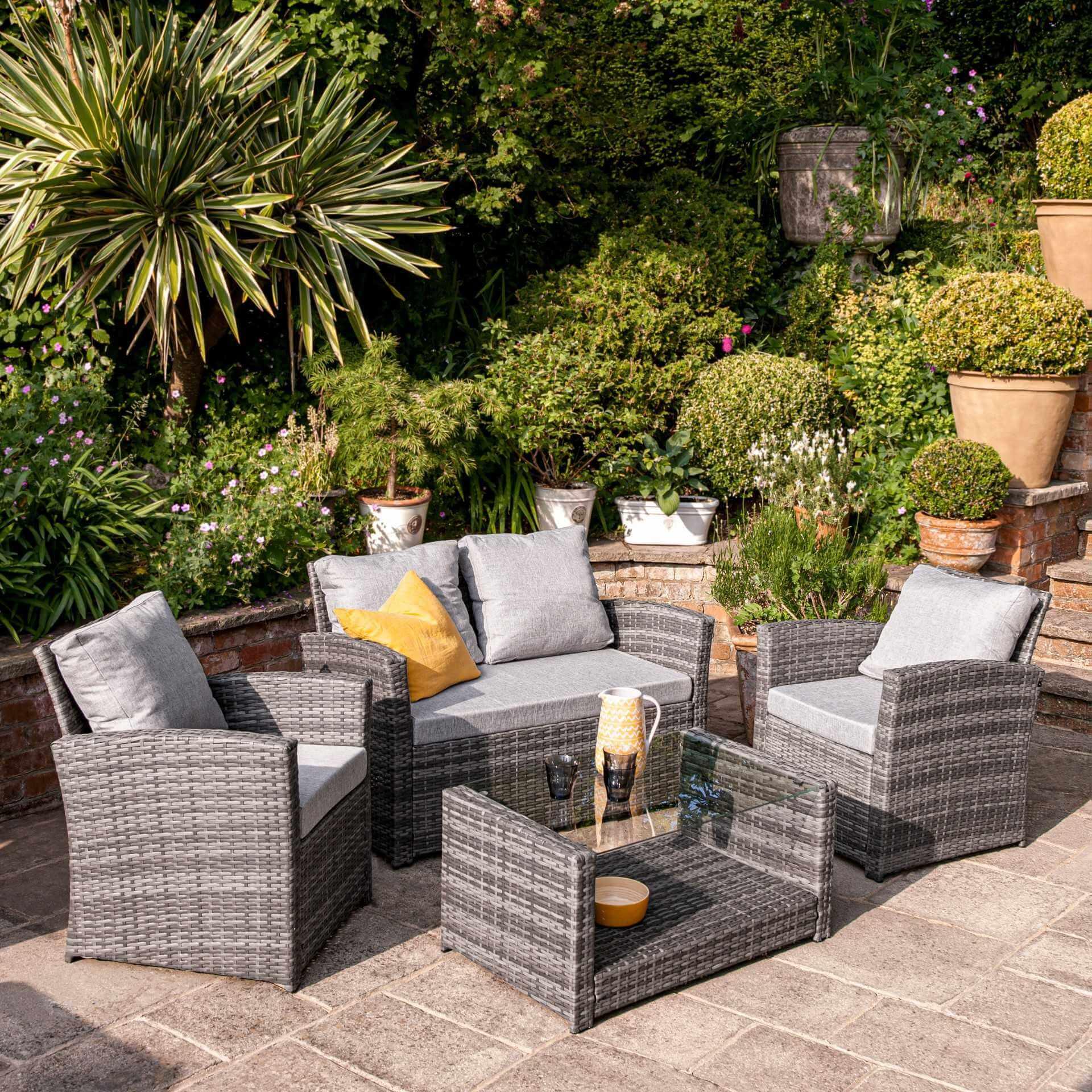 Cote 4 Seater Rattan Garden Sofa Set with Cream Lean Over Parasol - Grey Weave - Image 3