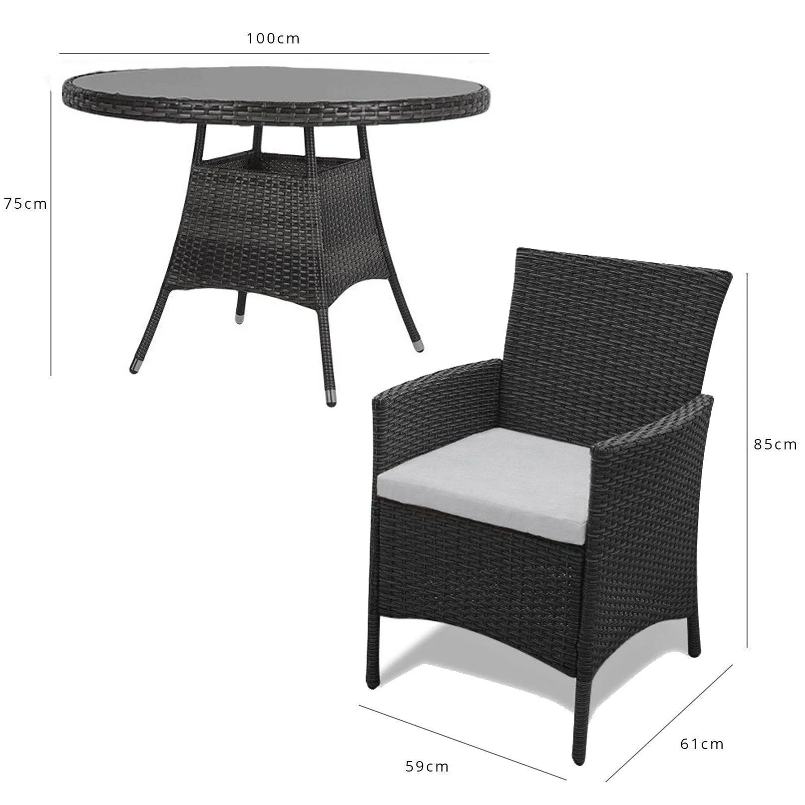 Kemble 4 Seater Rattan Round Garden Dining Set with Cream Parasol - Black Weave - Image 15