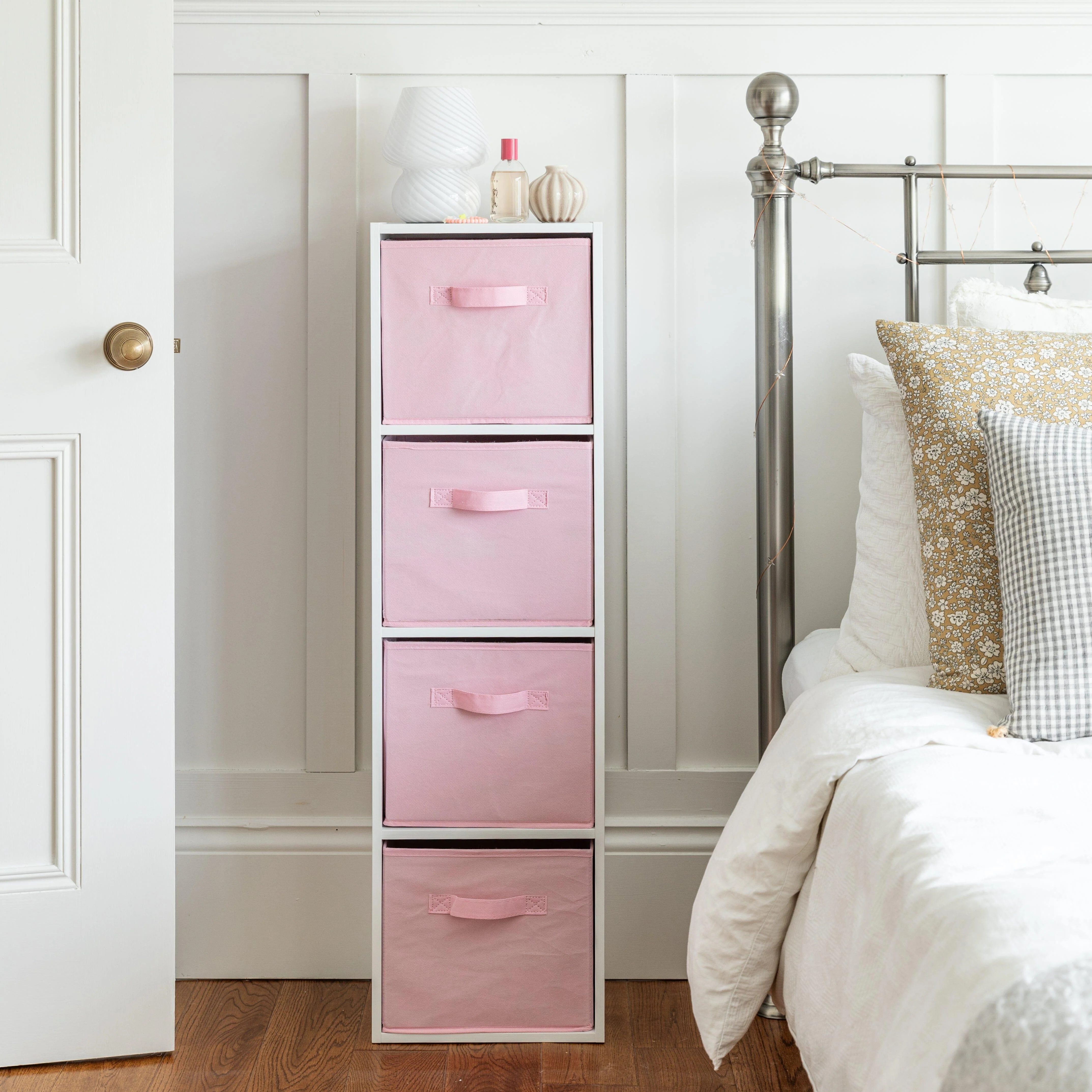 Cara 4 Tier Storage Unit / Chalk White Bookcase with Pink Boxes - Image 2
