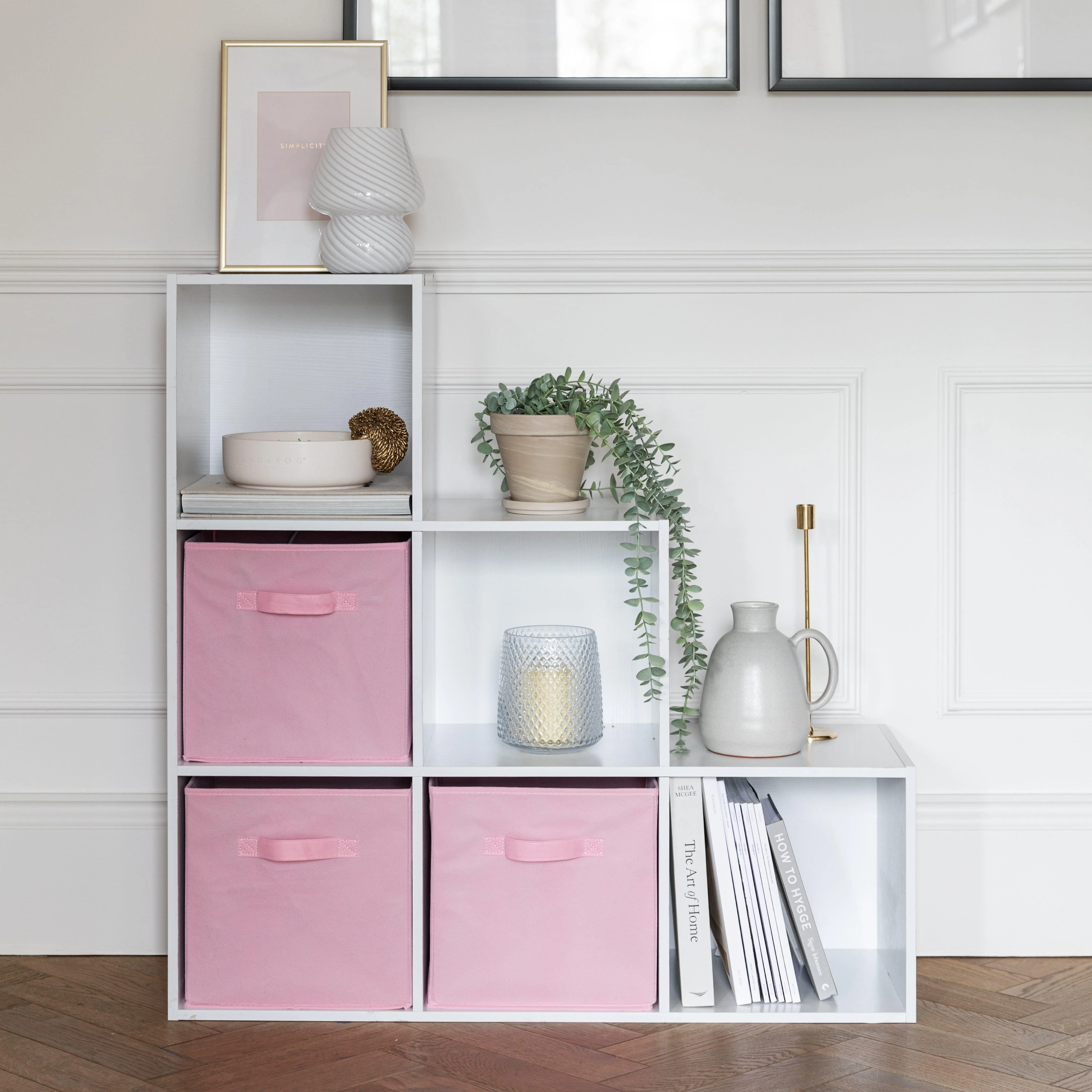 Cara 6 Cube Bookcase Ladder Storage Unit - Chalk White with Pink Boxes - Image 3