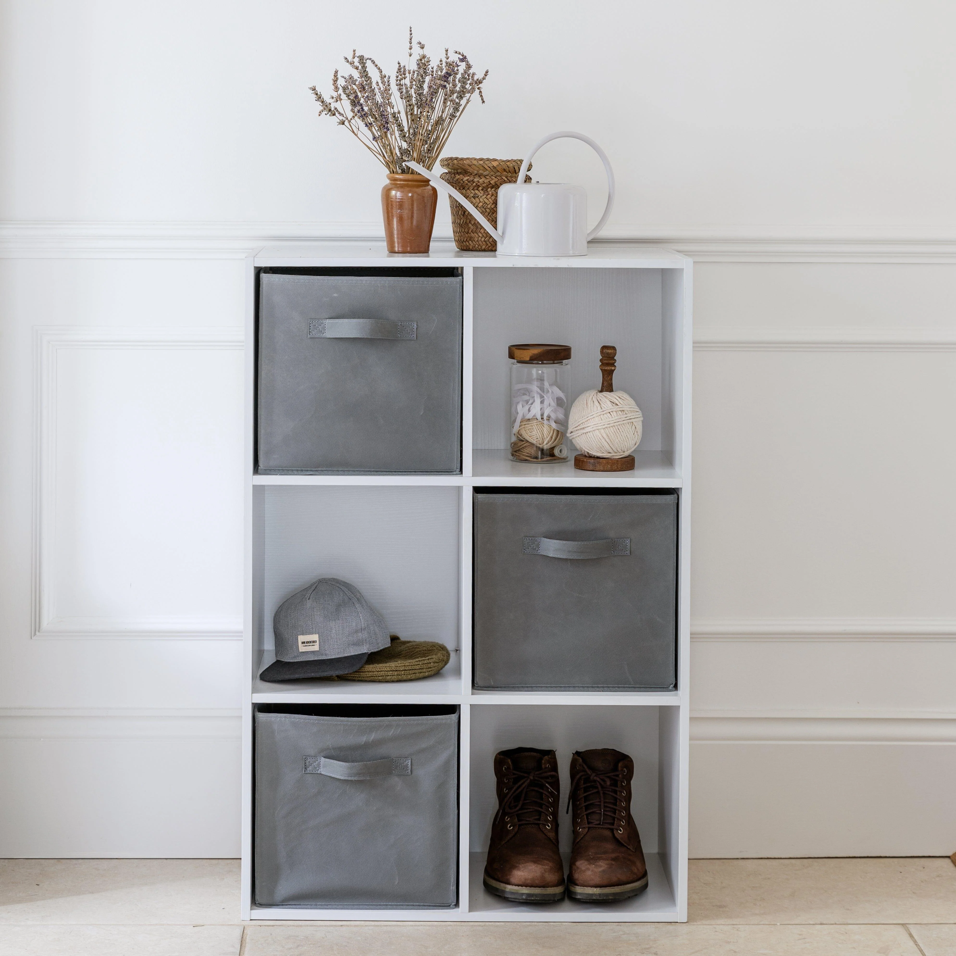 Cara 6 Cube Chalk White Bookcase Wooden Display Unit Shelving Storage Bookshelf Shelves - Grey Basket