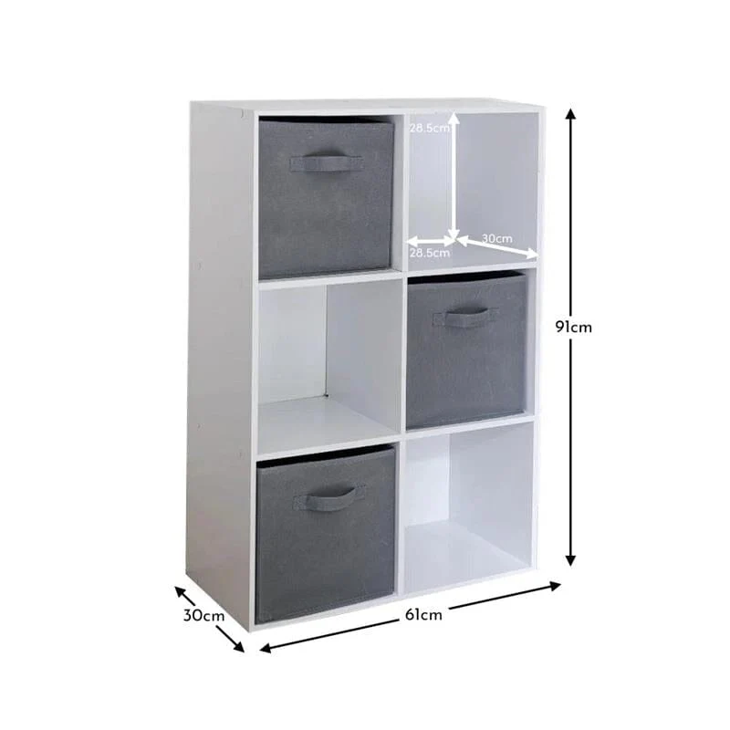 Cara 6 Cube Chalk White Bookcase Wooden Display Unit Shelving Storage Bookshelf Shelves - Grey Basket - Image 10