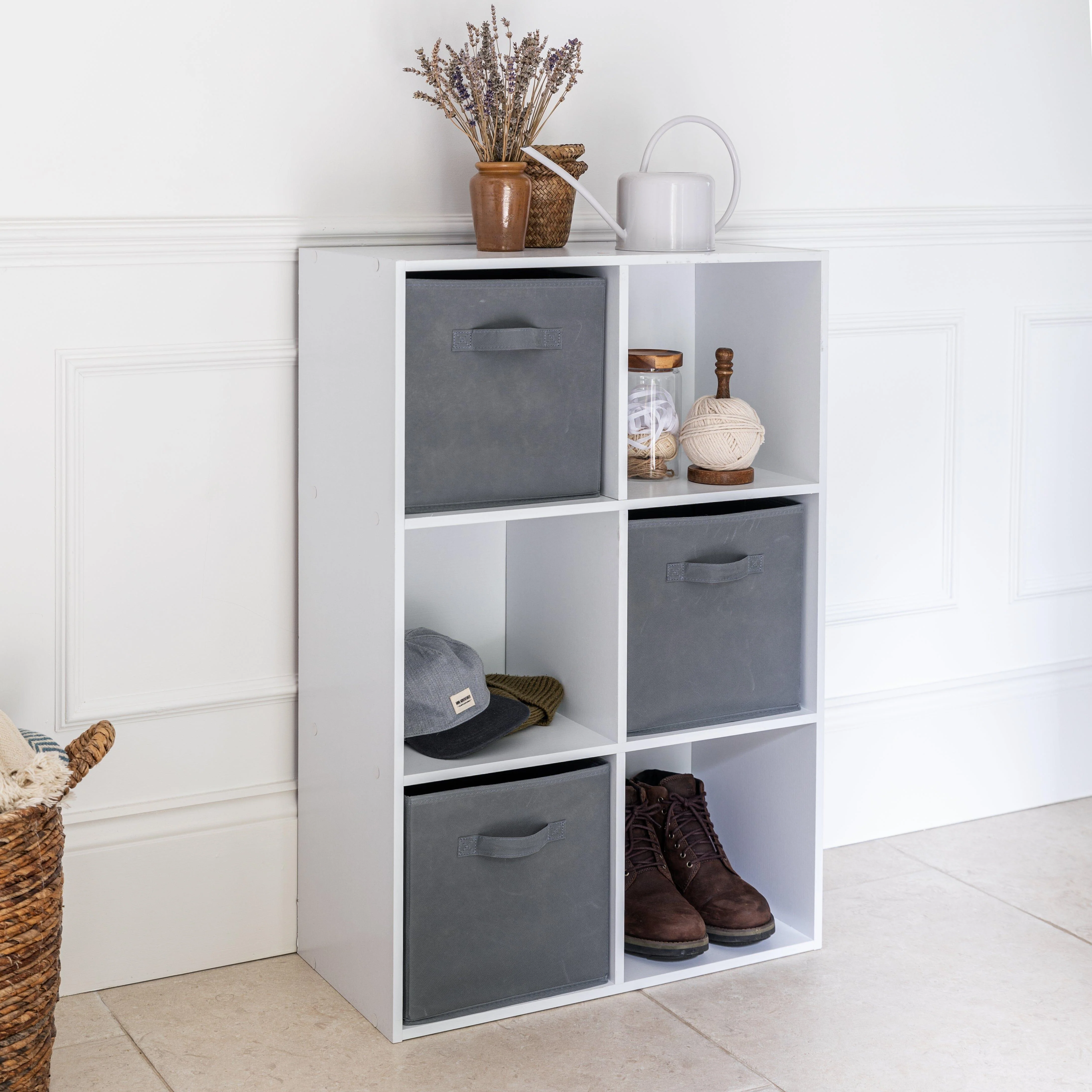 Cara 6 Cube Chalk White Bookcase Wooden Display Unit Shelving Storage Bookshelf Shelves - Grey Basket - Image 2