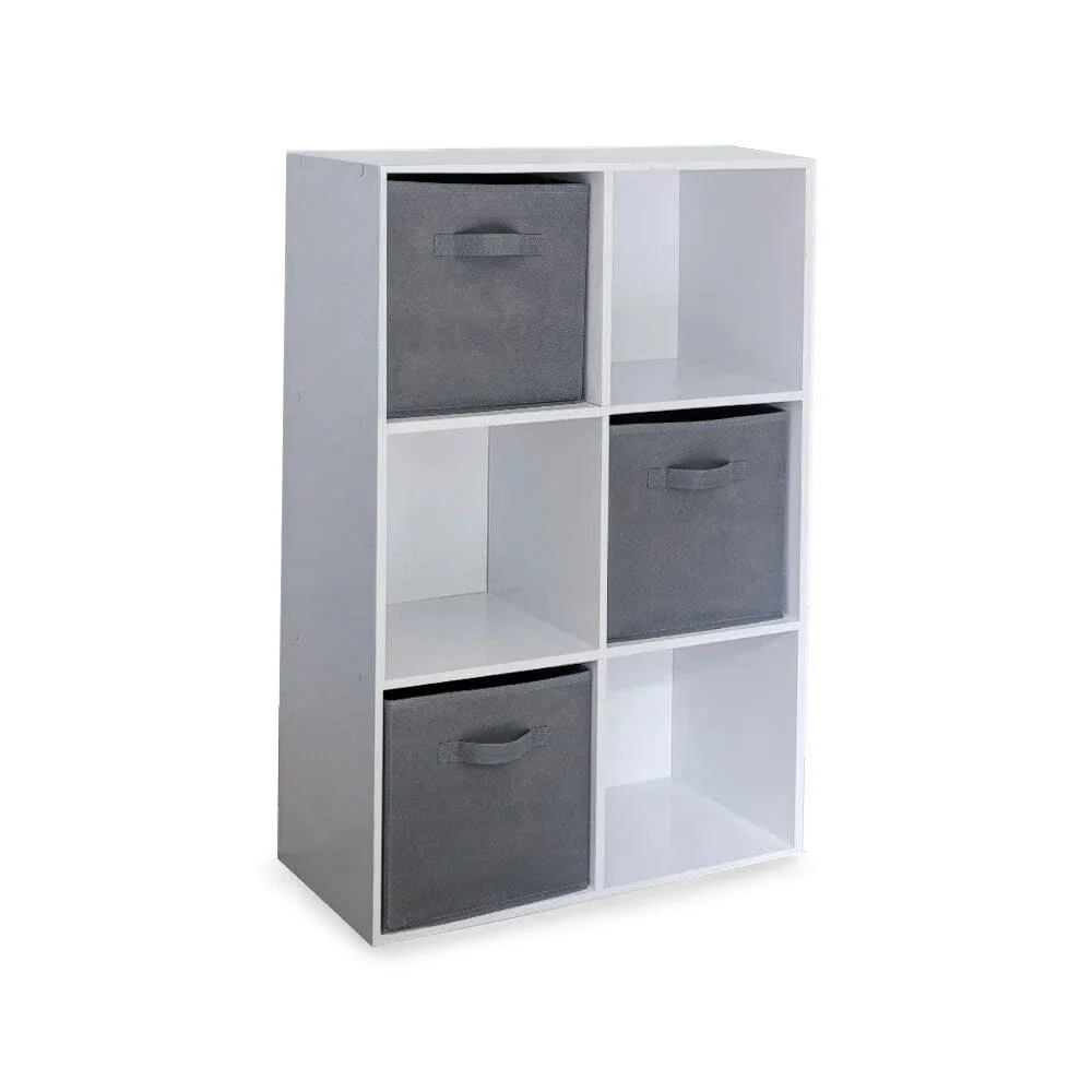Cara 6 Cube Chalk White Bookcase Wooden Display Unit Shelving Storage Bookshelf Shelves - Grey Basket - Image 8