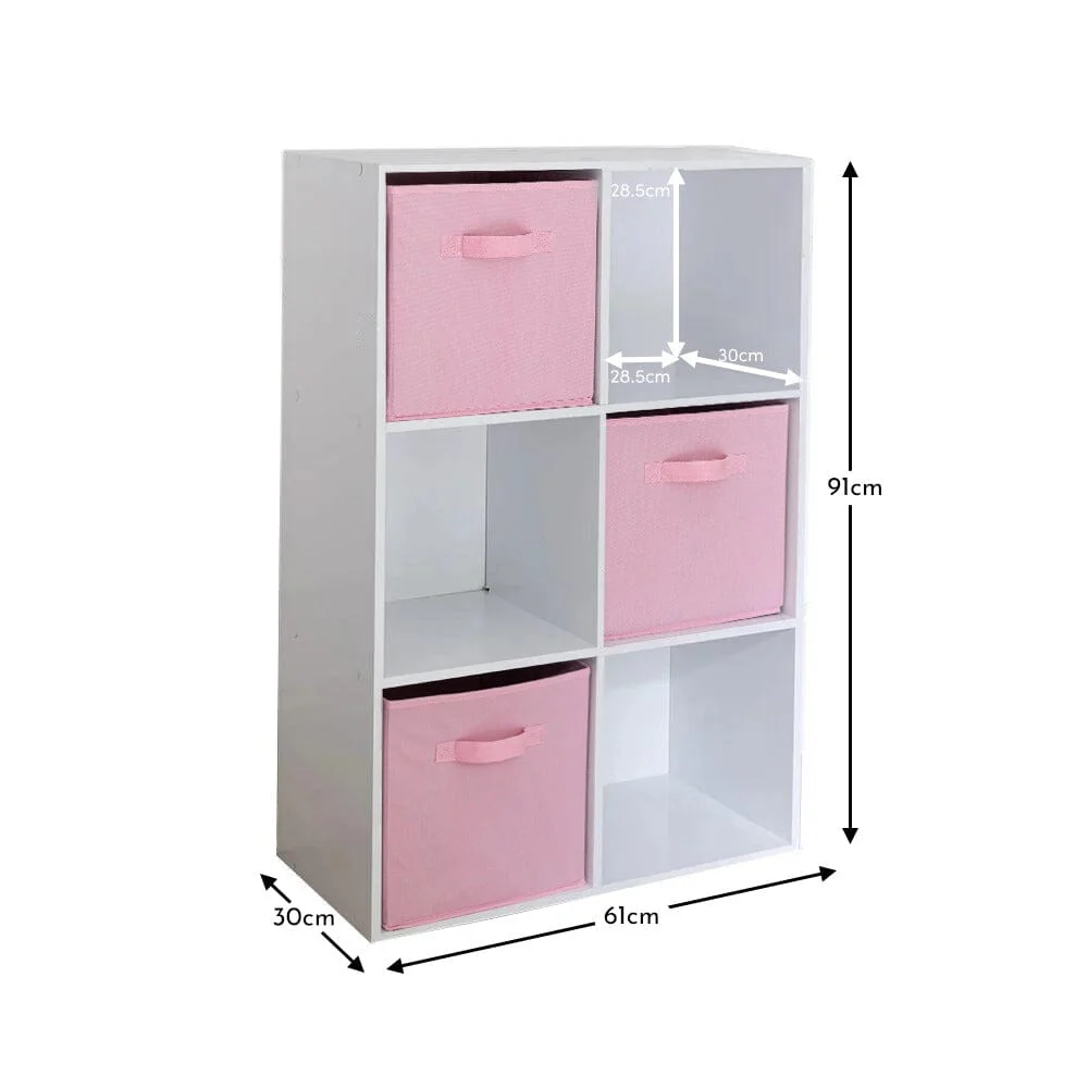 Cara 6 Cube Chalk White Bookcase Wooden Display Unit Shelving Storage Bookshelf Shelves - Pink Basket - Image 10