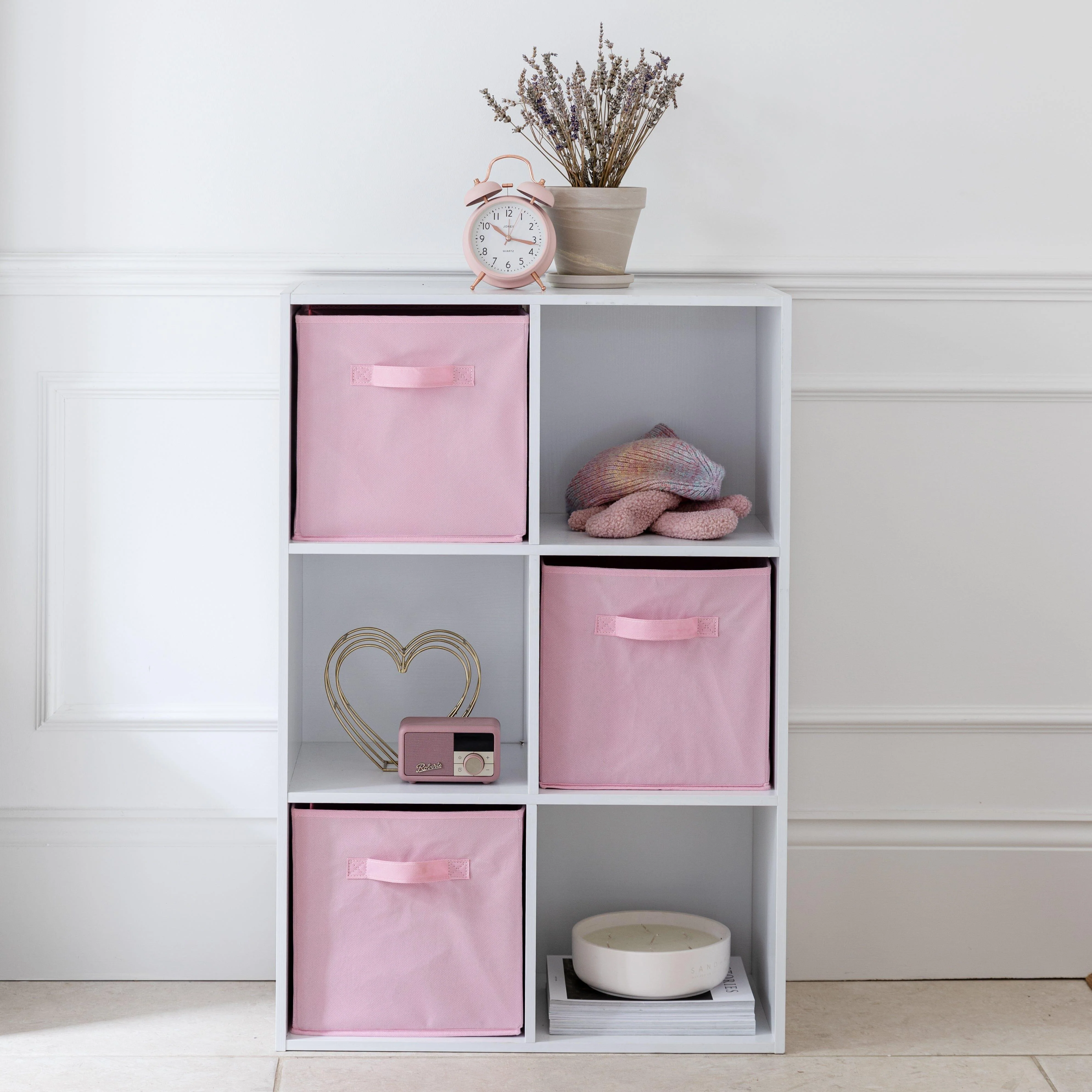 Cara 6 Cube Chalk White Bookcase Wooden Display Unit Shelving Storage Bookshelf Shelves - Pink Basket - Image 2