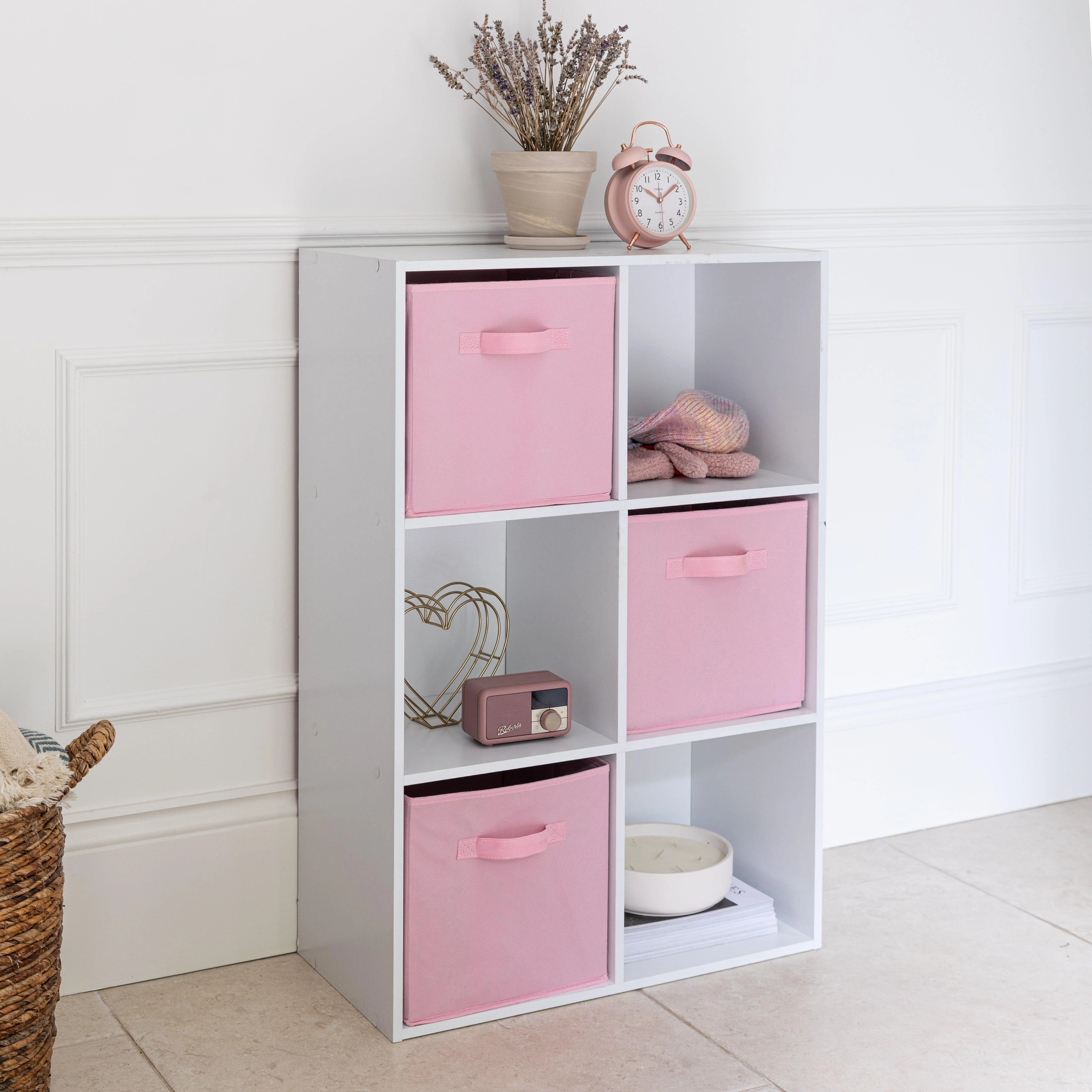 Cara 6 Cube Chalk White Bookcase Wooden Display Unit Shelving Storage Bookshelf Shelves - Pink Basket - Image 3