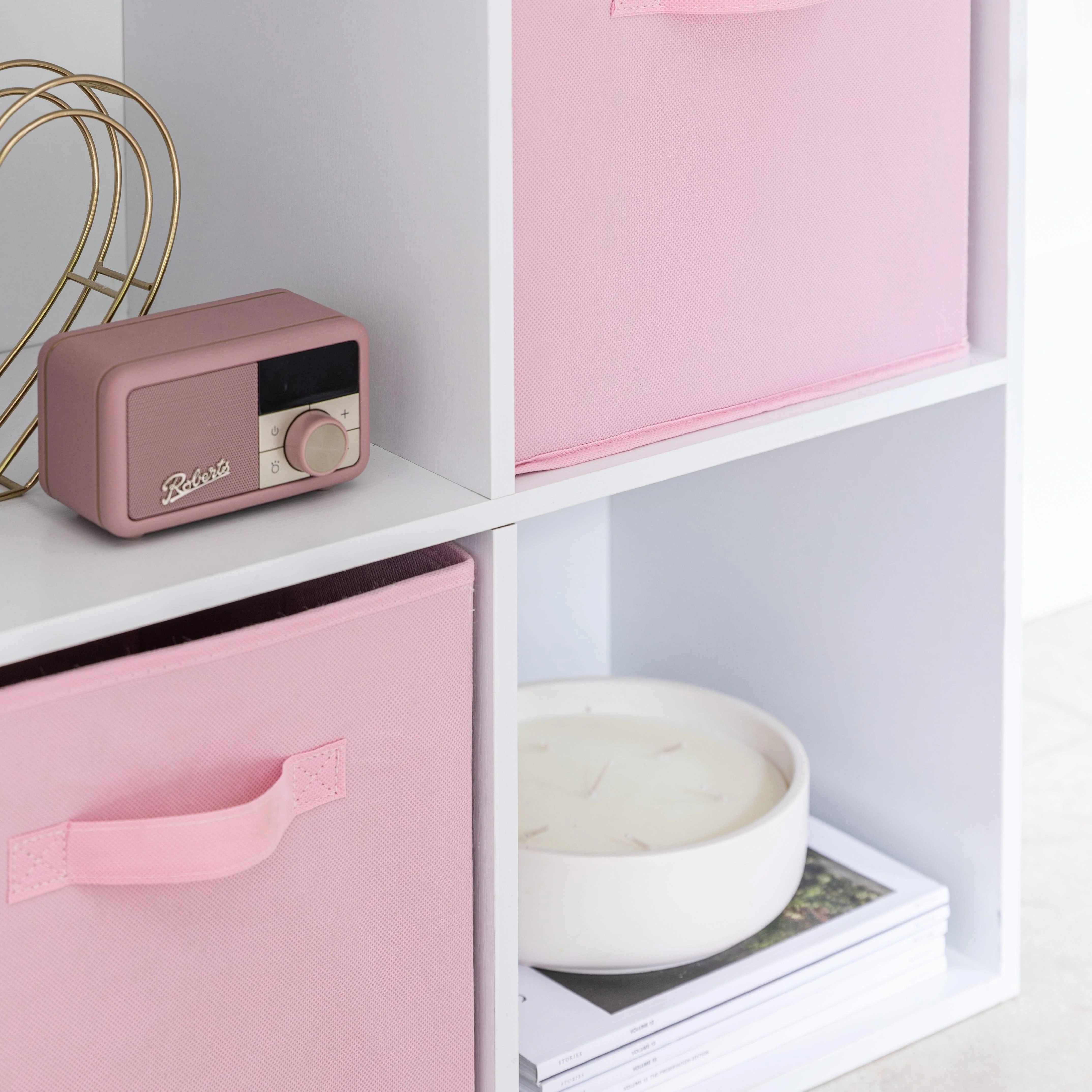 Cara 6 Cube Chalk White Bookcase Wooden Display Unit Shelving Storage Bookshelf Shelves - Pink Basket - Image 5