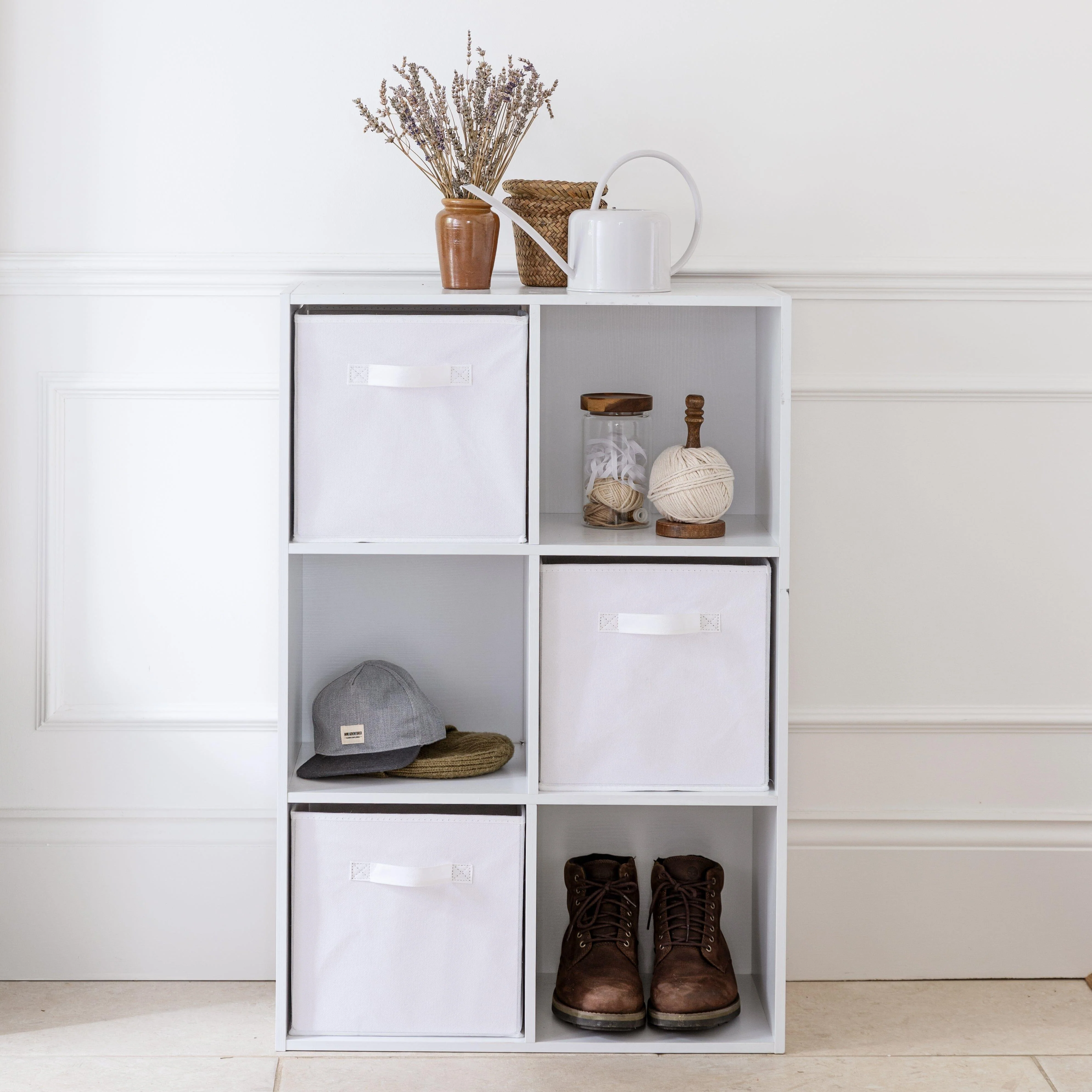 Cara 6 Cube Chalk White Bookcase Wooden Display Unit Shelving Storage Bookshelf Shelves - White Basket - Image 2