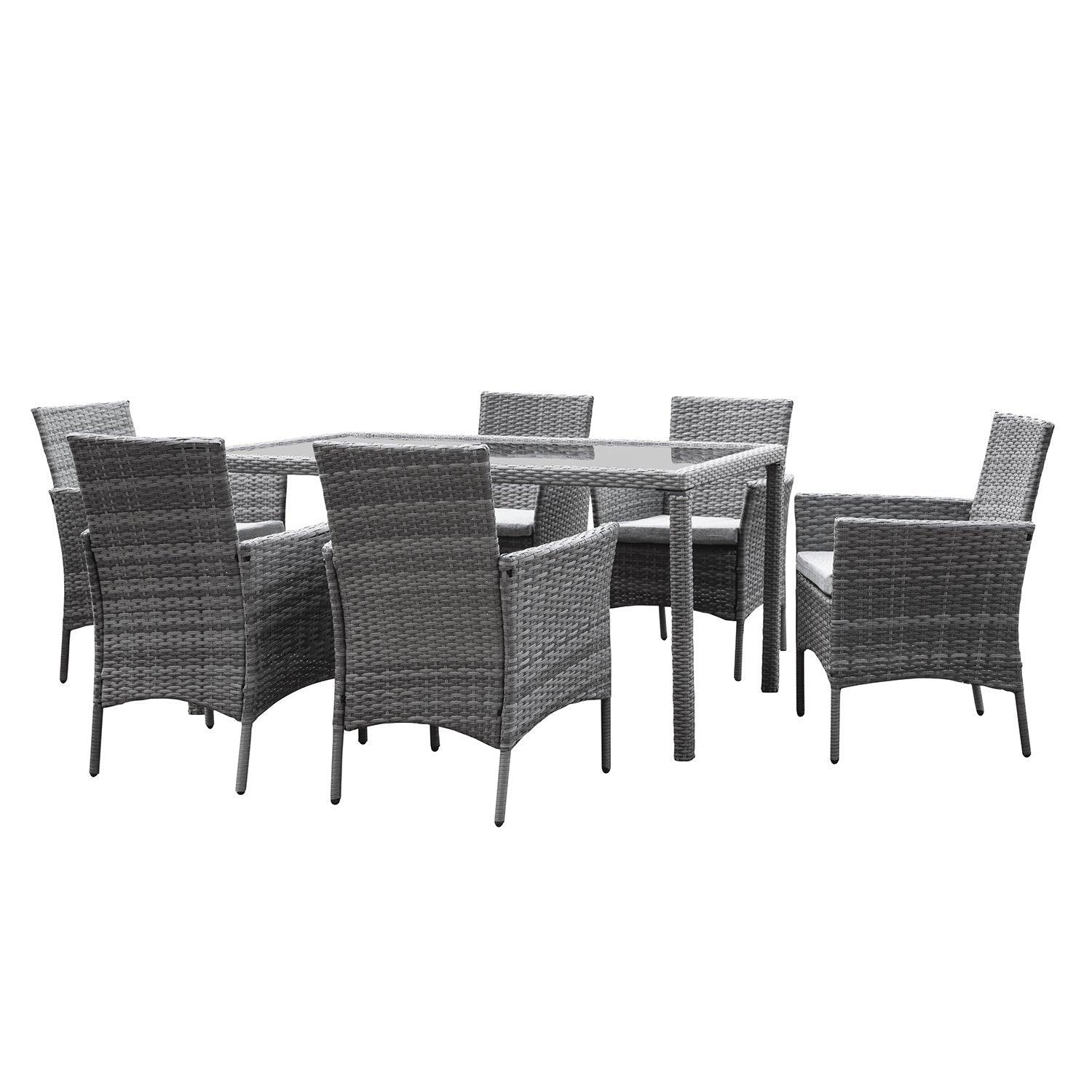 Marston 6 Seater Rattan Garden Dining Set with Cream LED Premium Parasol - Grey - Glass Top - Image 6