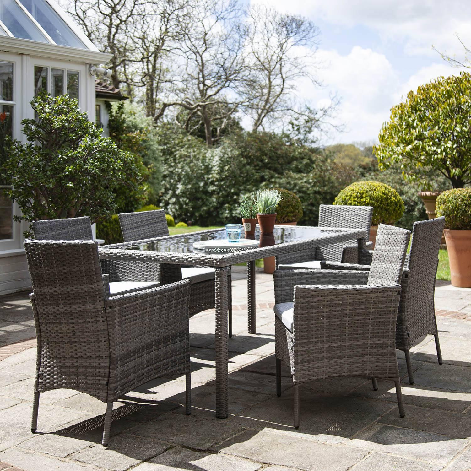 Marston 6 Seater Rattan Garden Dining Set with Grey LED Premium Parasol - Grey - Glass Top - Image 3