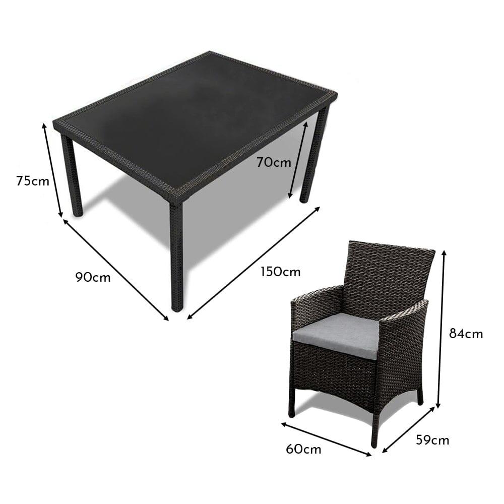 Marston 6 Seater Rattan Garden Dining Set with Grey LED Premium Parasol - Black - Glass Top - Image 5