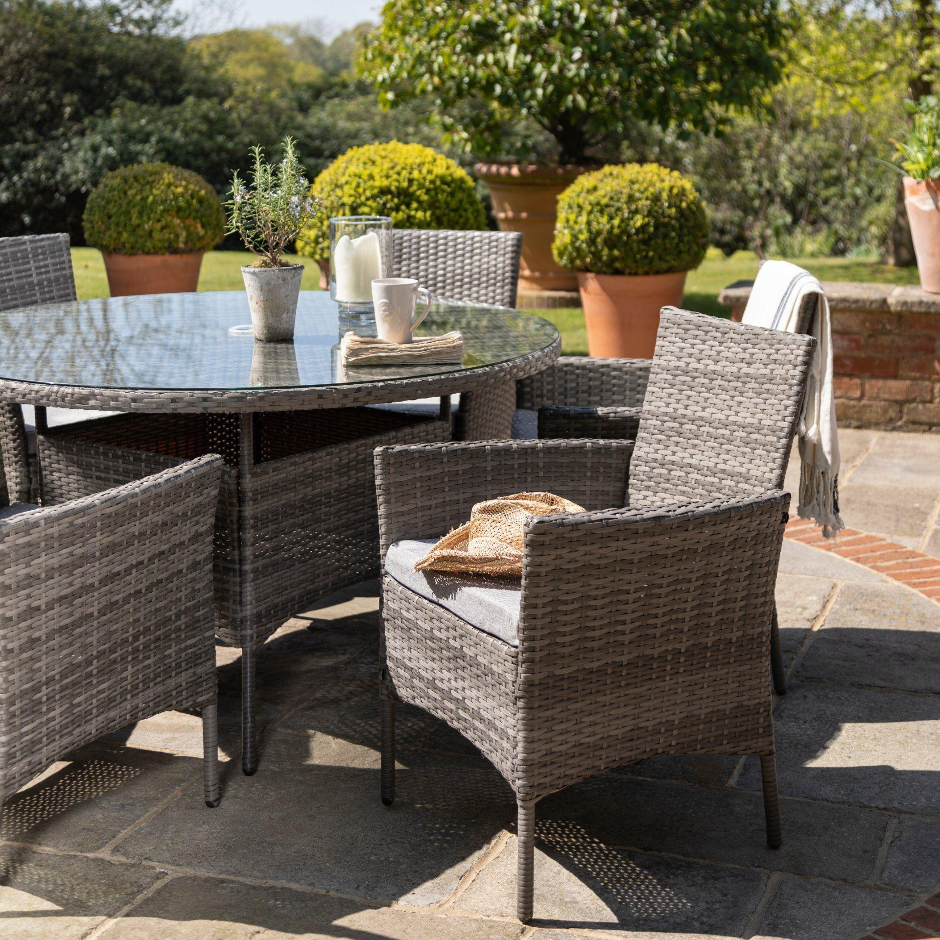 Kemble 6 Seater Rattan Round Dining Set with Cream LED Premium Parasol & Parasol Rain Cover - Grey - Image 6