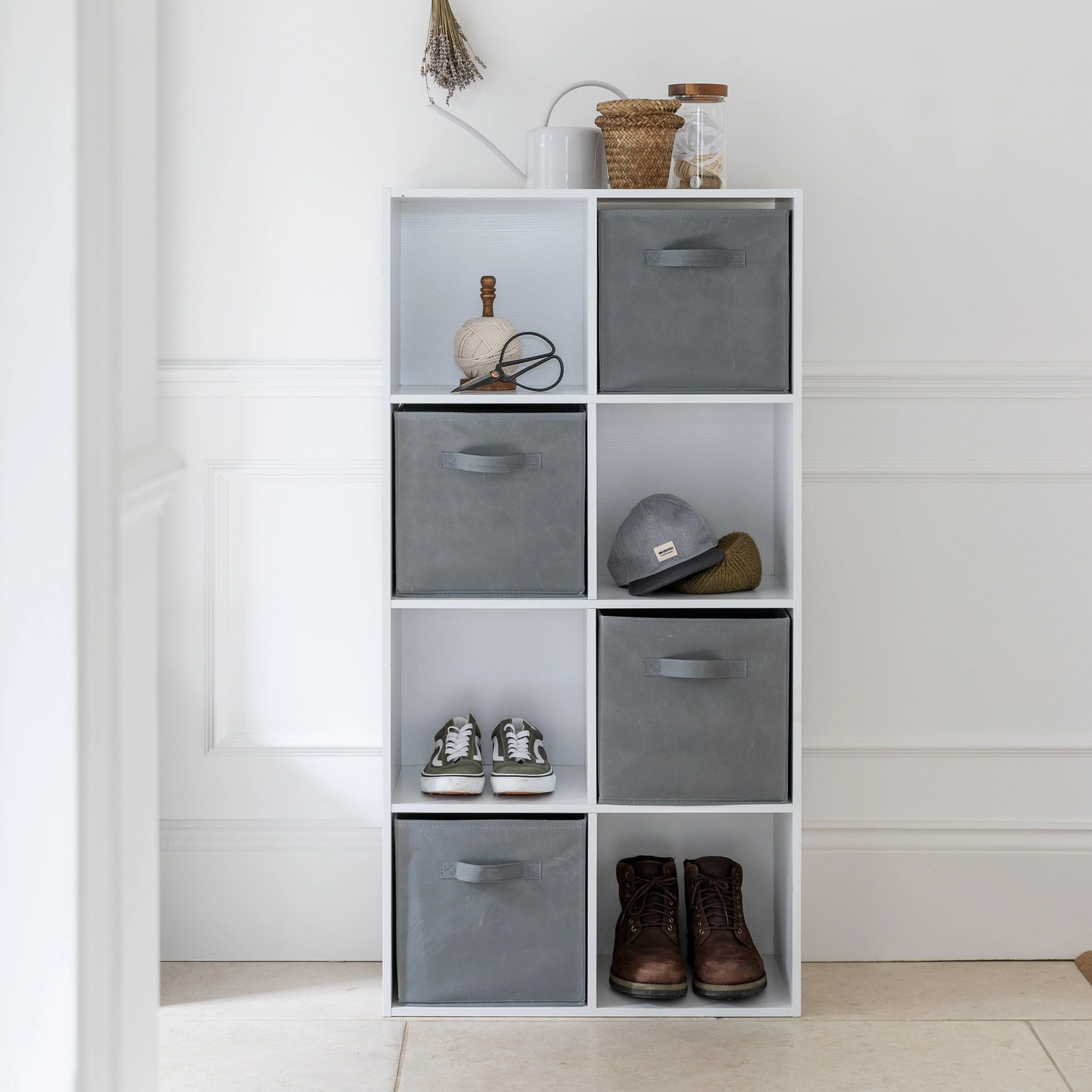 Cara 8 Cube Storage Unit in Chalk White & 4 Grey Handled Box Drawers - Image 2