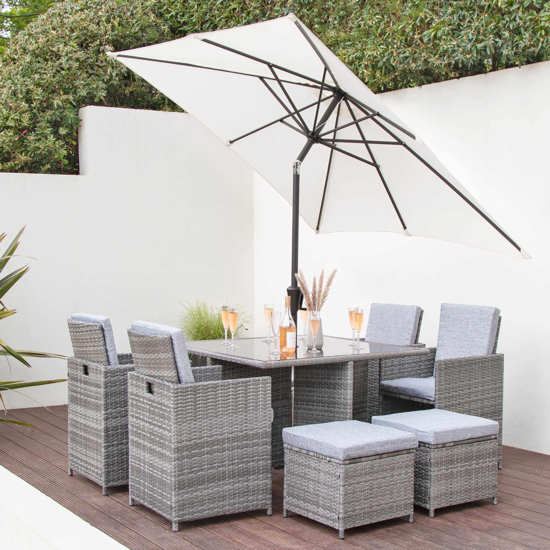 Cube 8 Seater Rattan Outdoor Dining Set with LED Premium Parasol - Grey Weave with Grey Cushion - Image 3