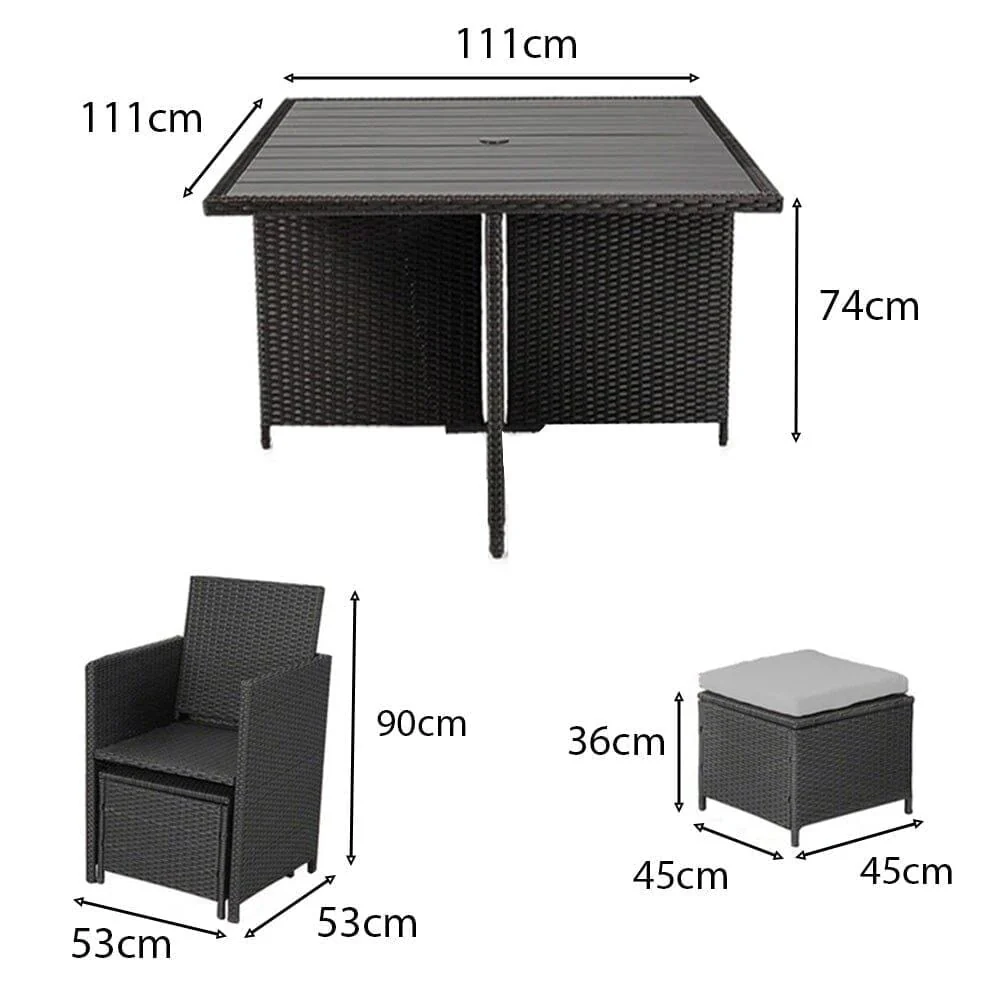 Cube 8 Seater Rattan Outdoor Dining Set with Cream Parasol - Black Weave Polywood Top - Image 12