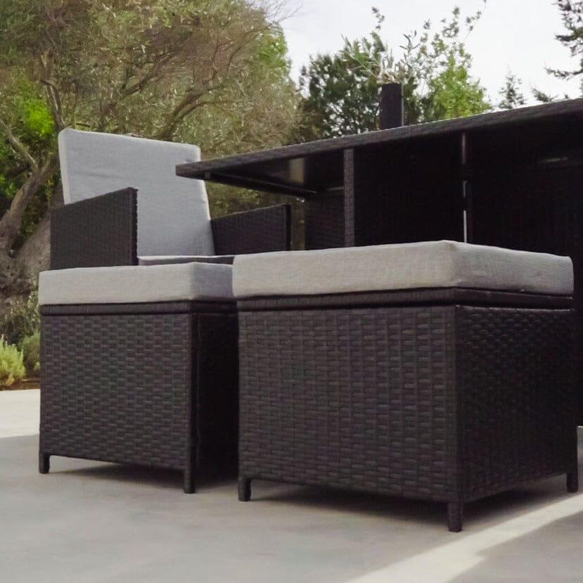Cube 8 Seater Rattan Outdoor Dining Set with Cream Parasol - Black Weave Polywood Top - Image 3