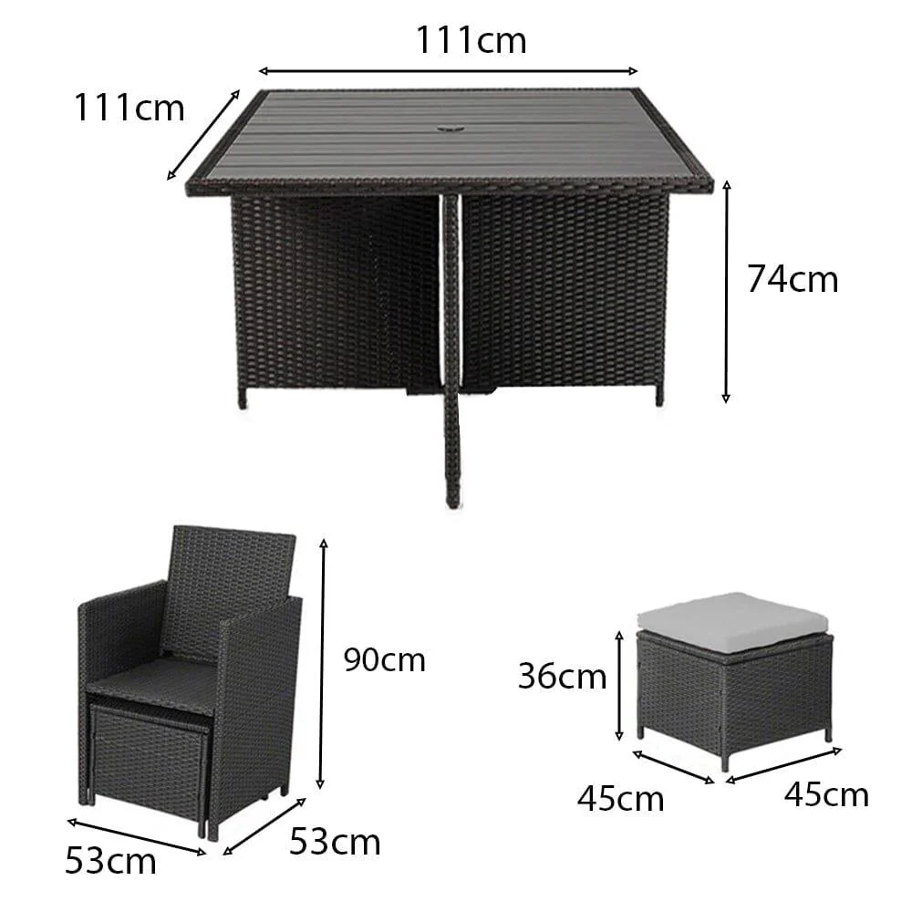 Cube 8 Seater Rattan Outdoor Dining Set with Grey LED Premium Parasol - Black Weave Polywood Top - Image 10
