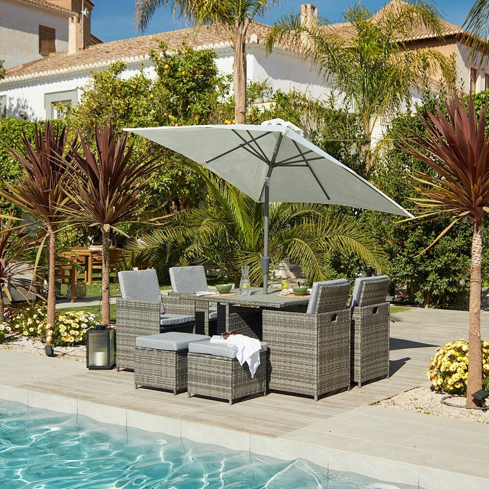 Cube 8 Seater Rattan Outdoor Dining Set with Cream Parasol - Grey Weave Polywood Top - Image 3