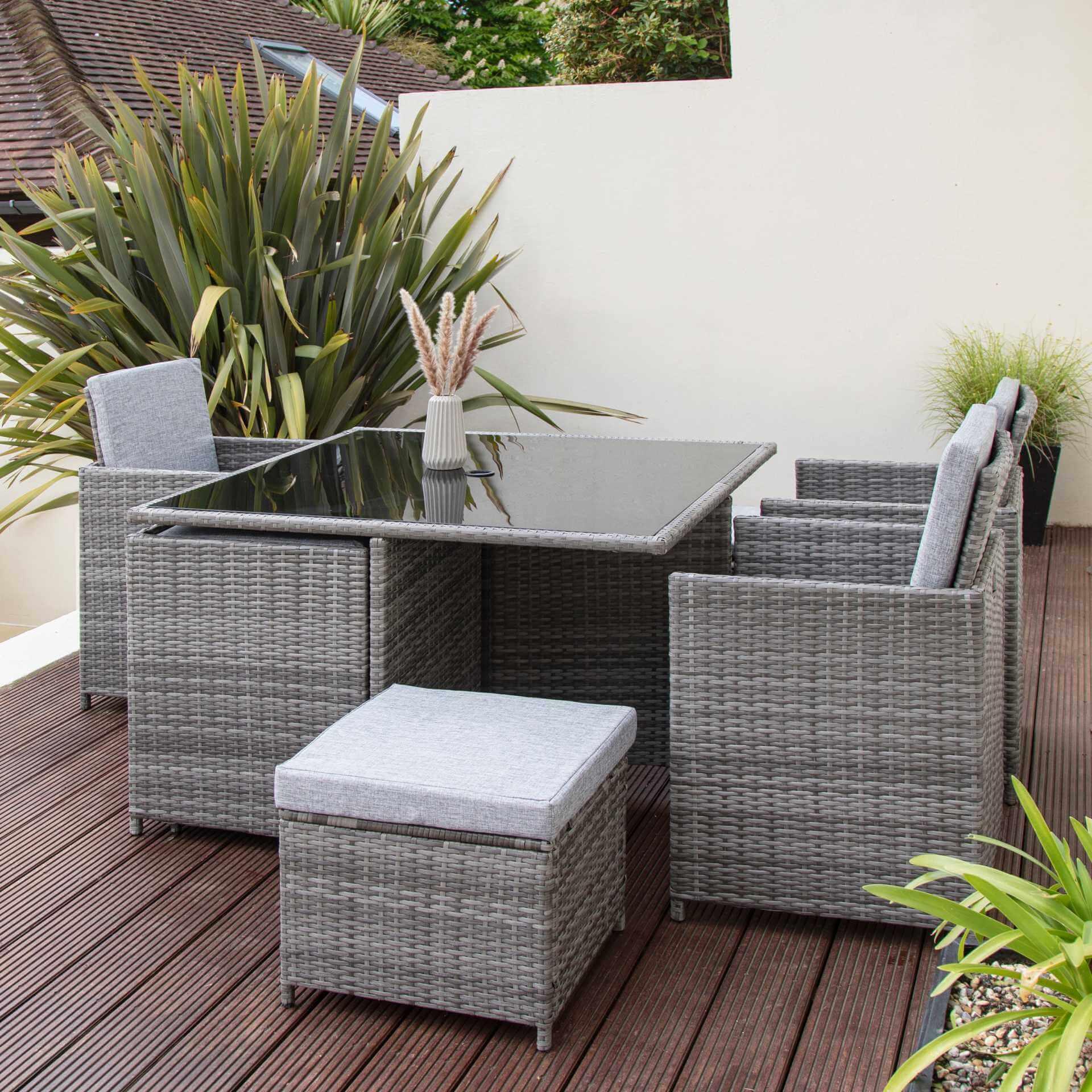 Cube 8 Seater Rattan Outdoor Dining Set - Grey Weave with Grey Cushions - Image 5