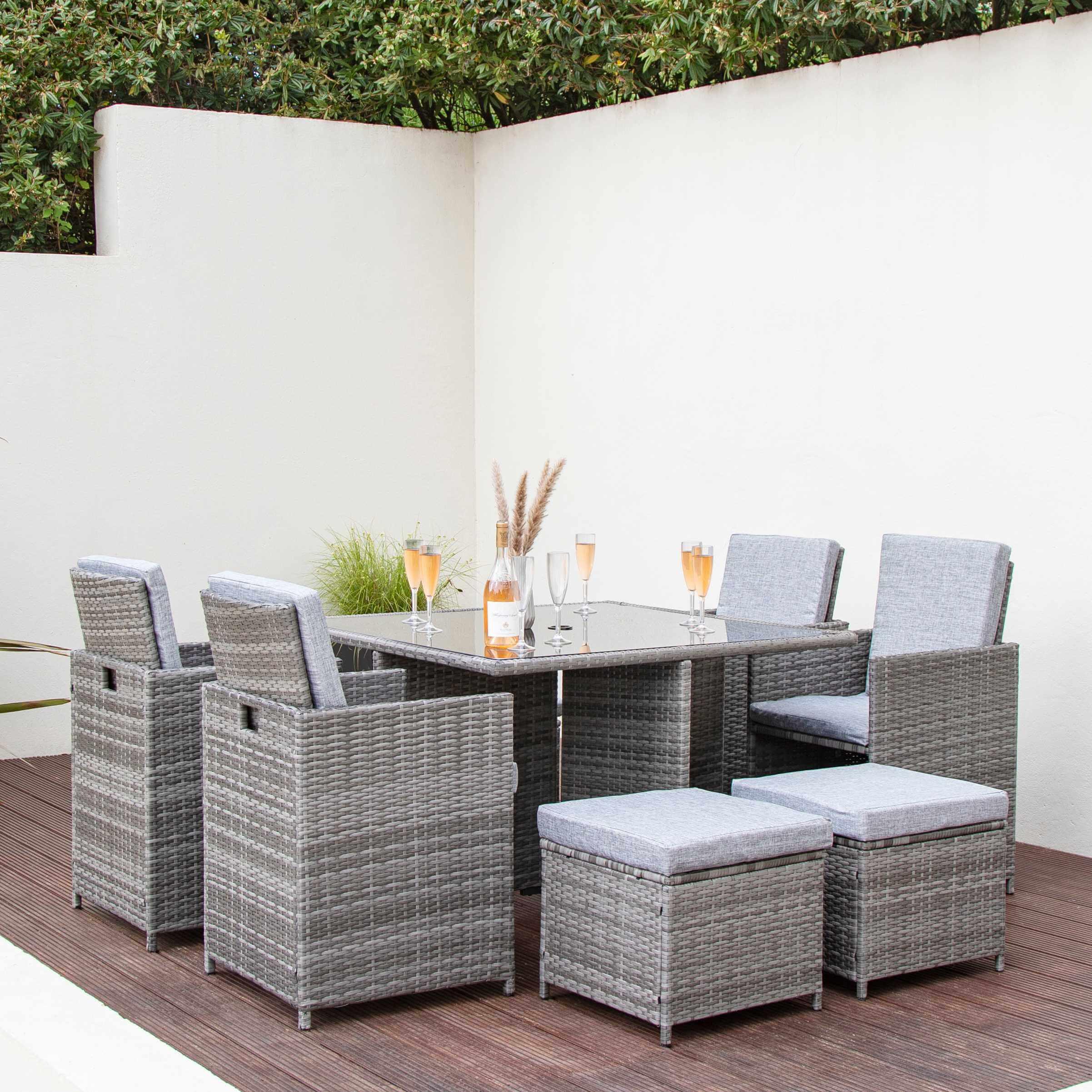 Cube 8 Seater Rattan Outdoor Dining Set with Parasol - Grey Weave - Image 4