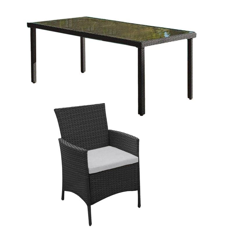 Marston 8 Seater Rattan Garden Dining Set with Grey LED Premium Parasol - Black - Glass Top - Image 7