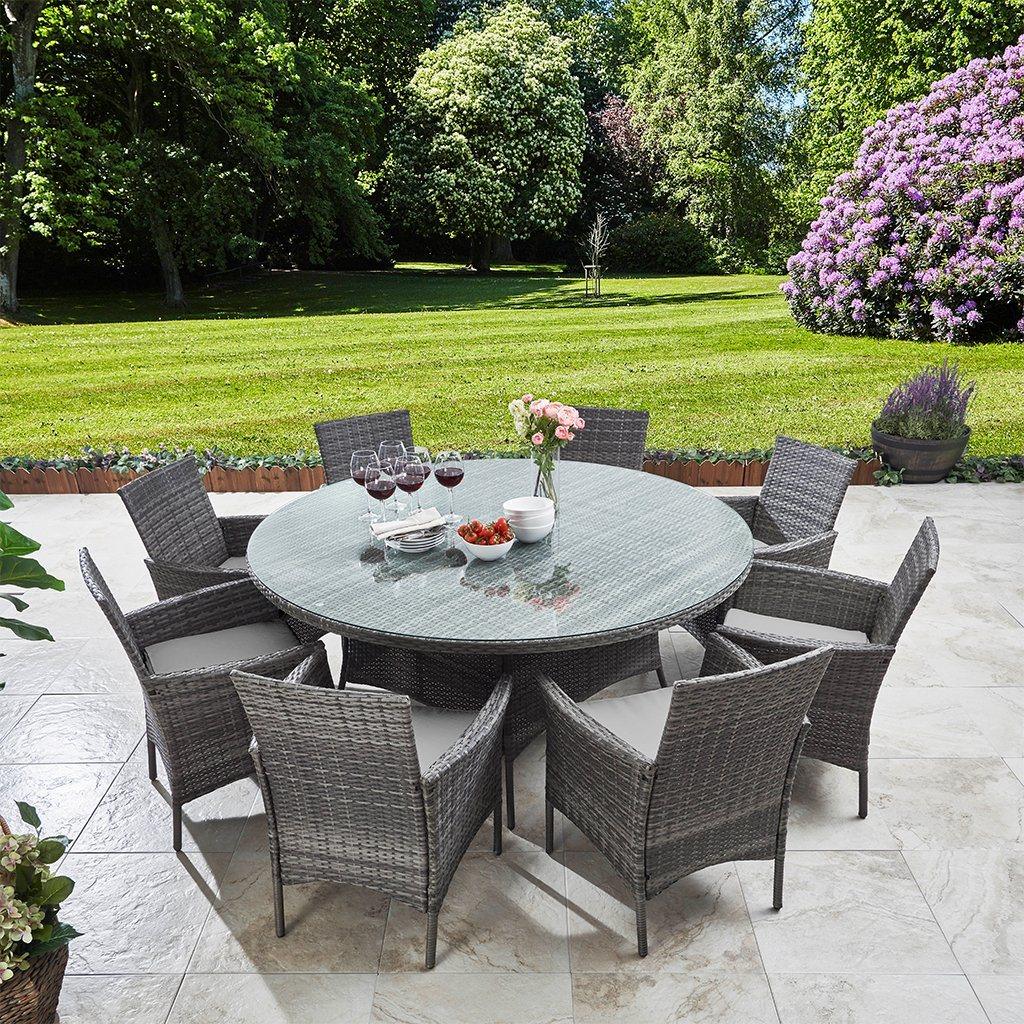 Kemble 8 Seater Rattan Round Garden Dining Set with Grey Parasol - Grey - Image 3