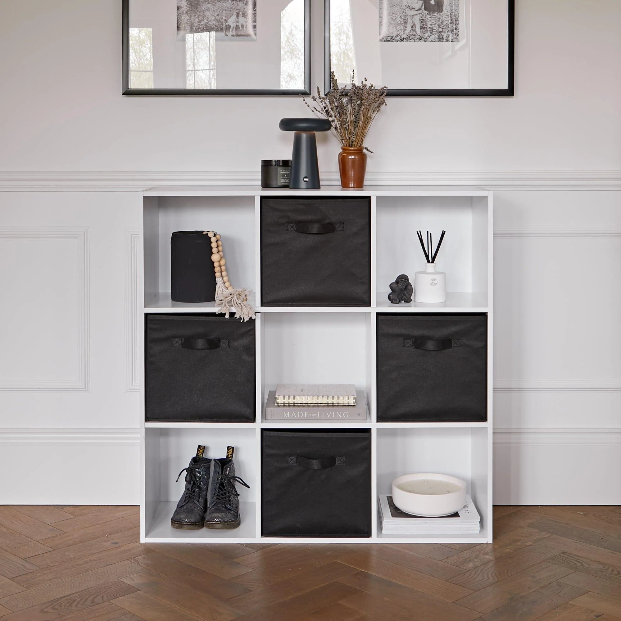 Cara 9 Cube Storage Unit - Chalk White Bookcase with Black Boxes - Image 2