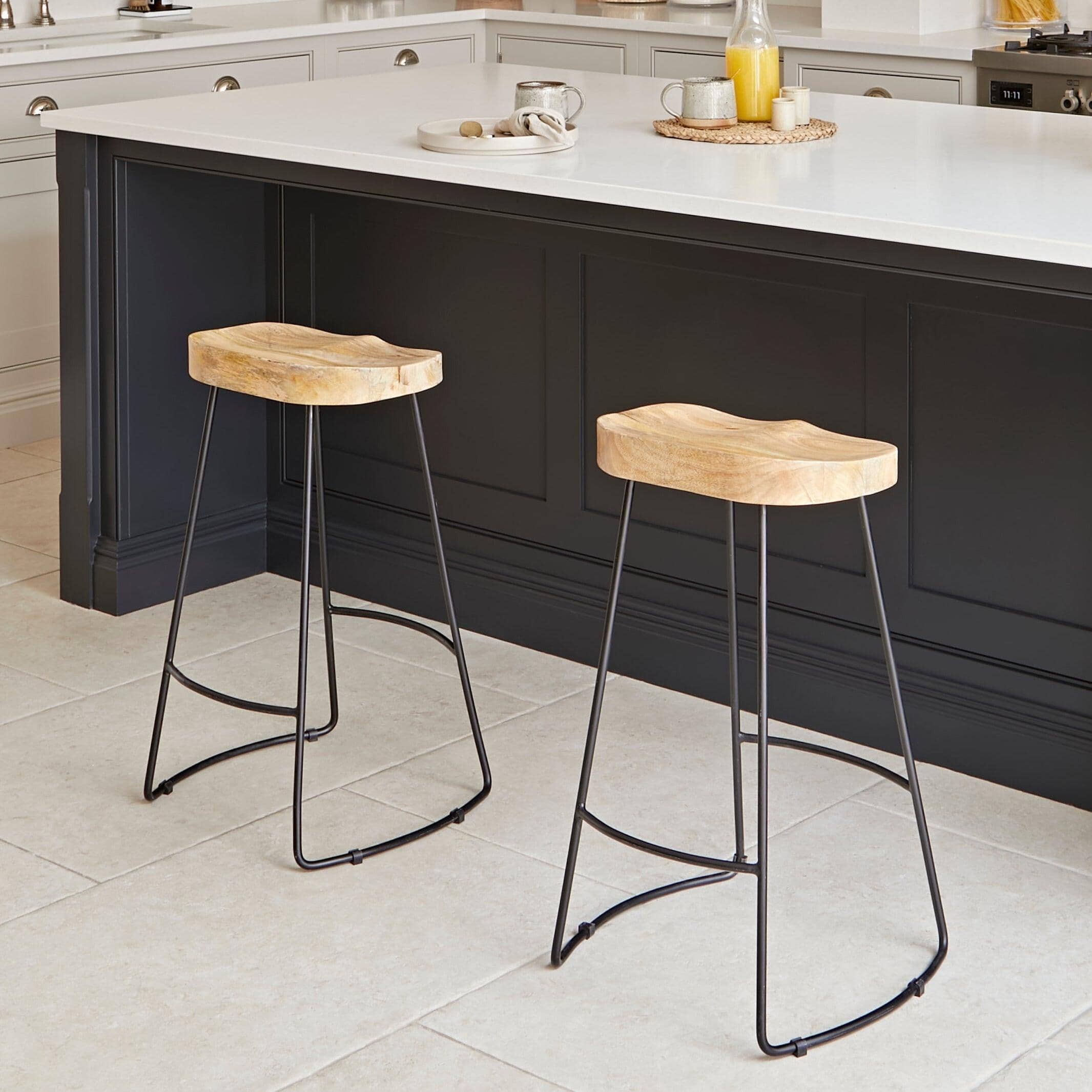 Aiden Natural Mango Wood Backless Bar Stools - Set of 2 - Black Iron Legs - Image 7