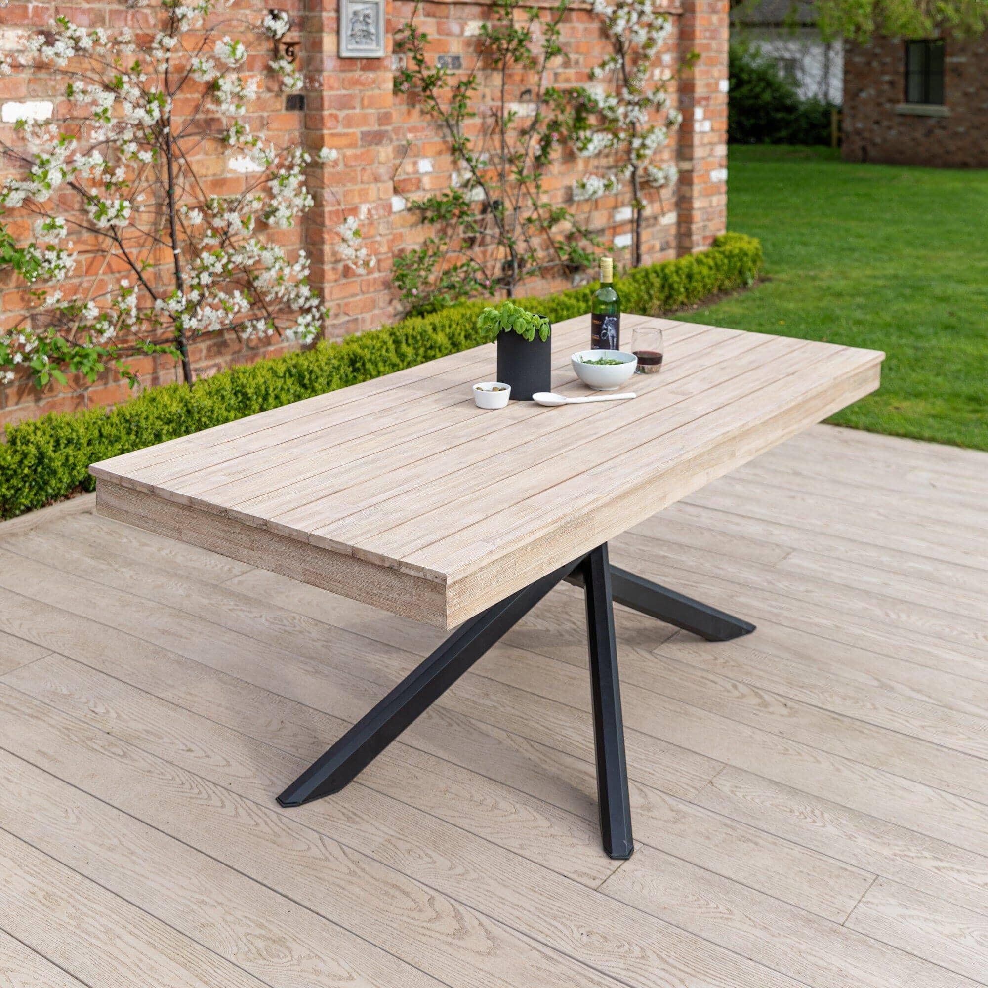 Amelia 4 Seater Wooden Garden Dining Set with 4 Hali Black Chairs - Light Brushed Acacia with Black Legs - Image 3
