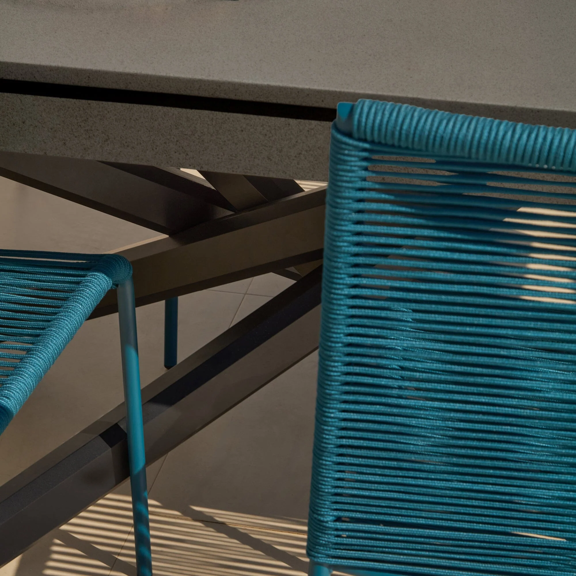 Amelia 6 Seater Dove Grey Concrete Garden Dining Set with Ryder Teal Chairs - Image 12