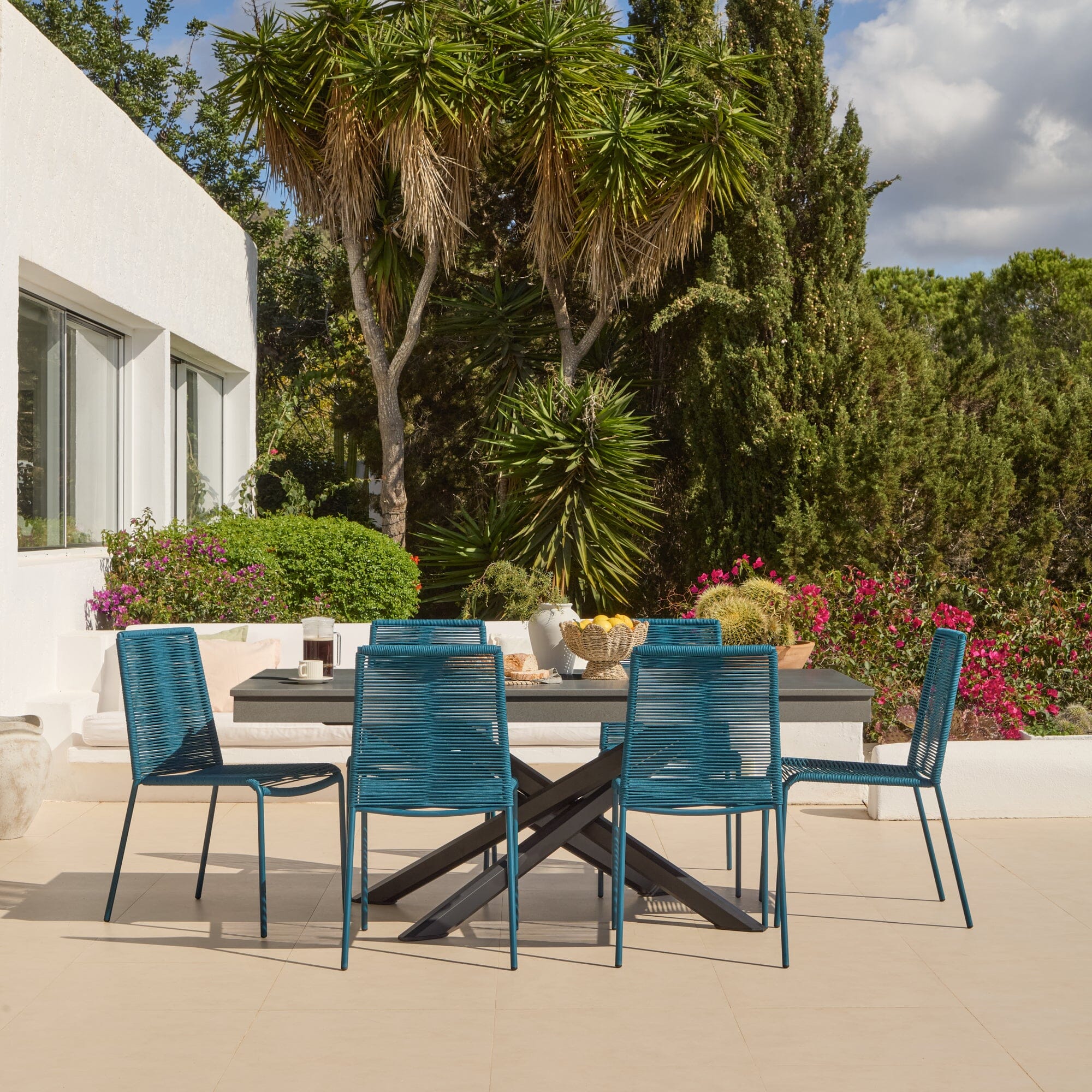 Amelia 6 Seater Dove Grey Concrete Garden Dining Set with Ryder Teal Chairs - Image 2