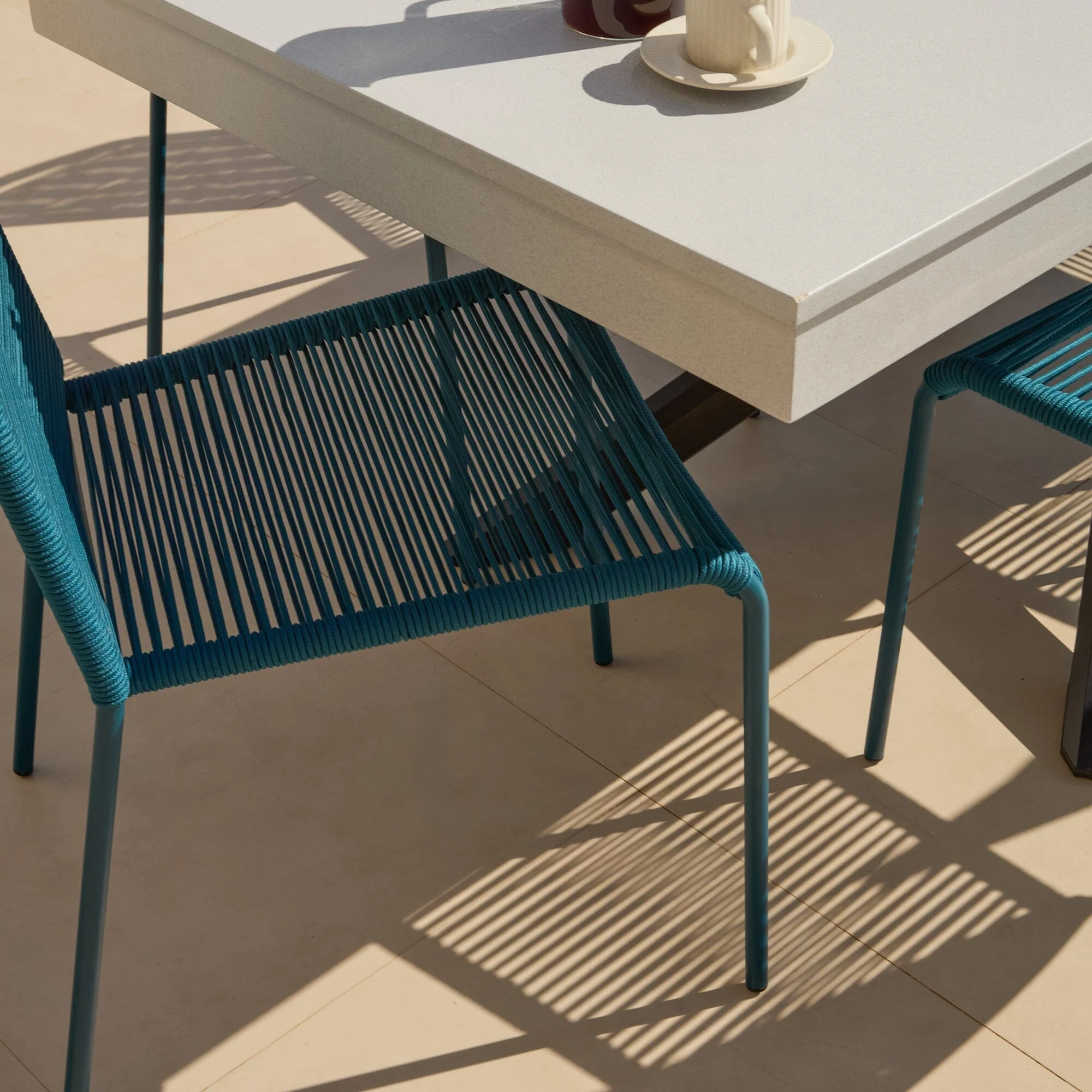 Amelia 6 Seater Pale Grey Concrete Garden Dining Set with Ryder Teal Chairs - Image 3