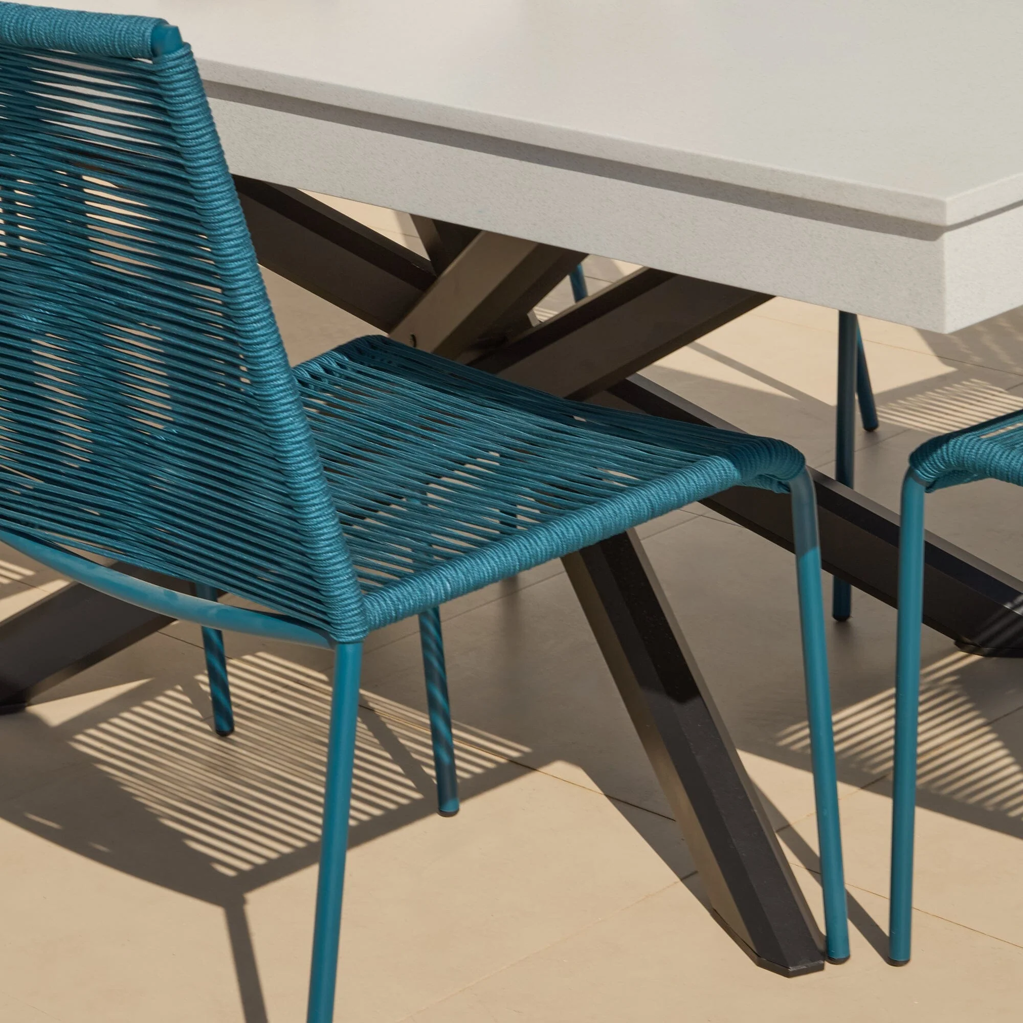 Amelia 6 Seater Pale Grey Concrete Garden Dining Set with Ryder Teal Chairs - Image 4