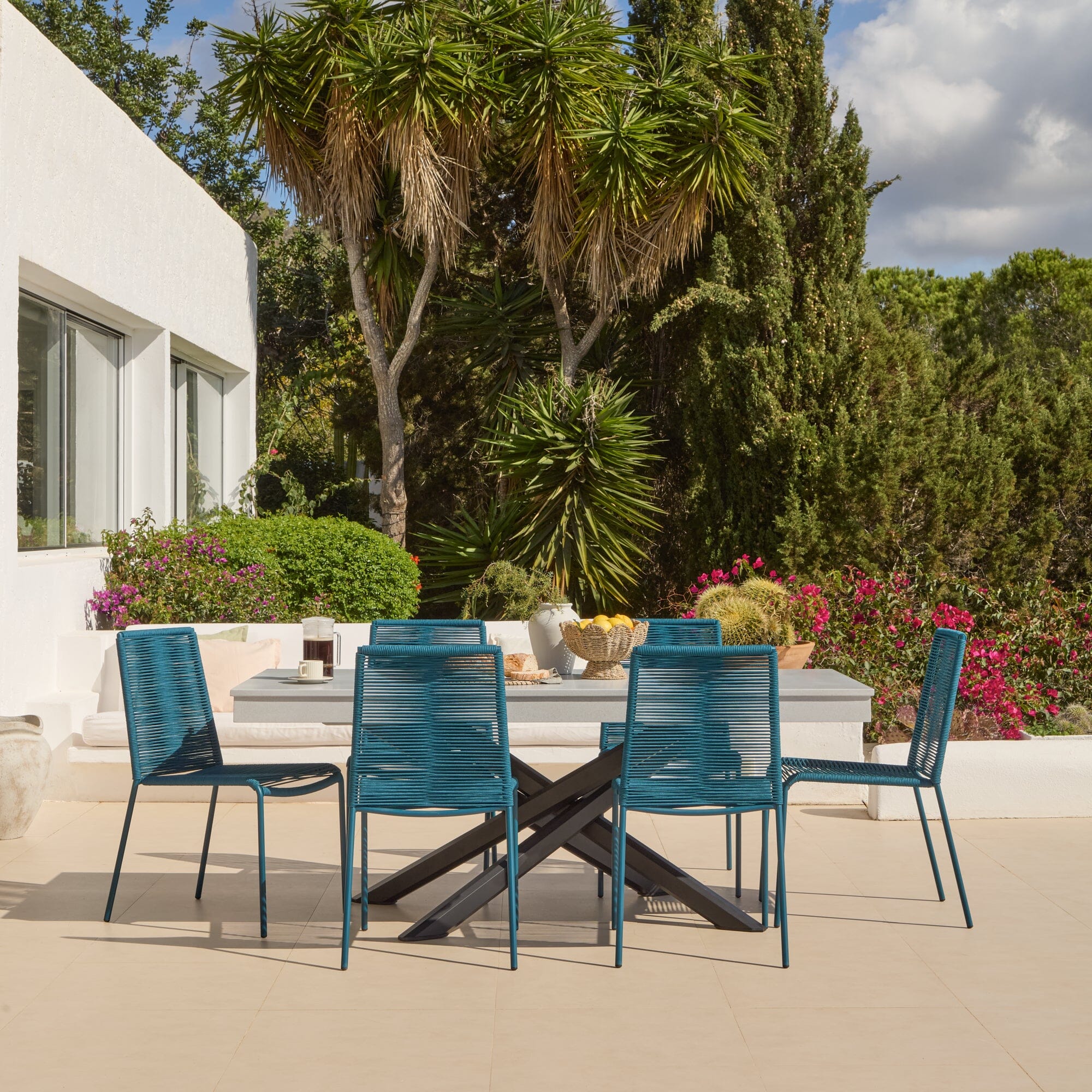 Amelia 6 Seater Pale Grey Concrete Garden Dining Set with Ryder Teal Chairs - Image 5