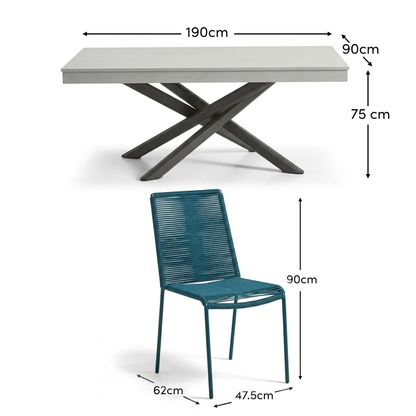 Amelia 6 Seater Pale Grey Concrete Garden Dining Set with Ryder Teal Chairs - Image 9