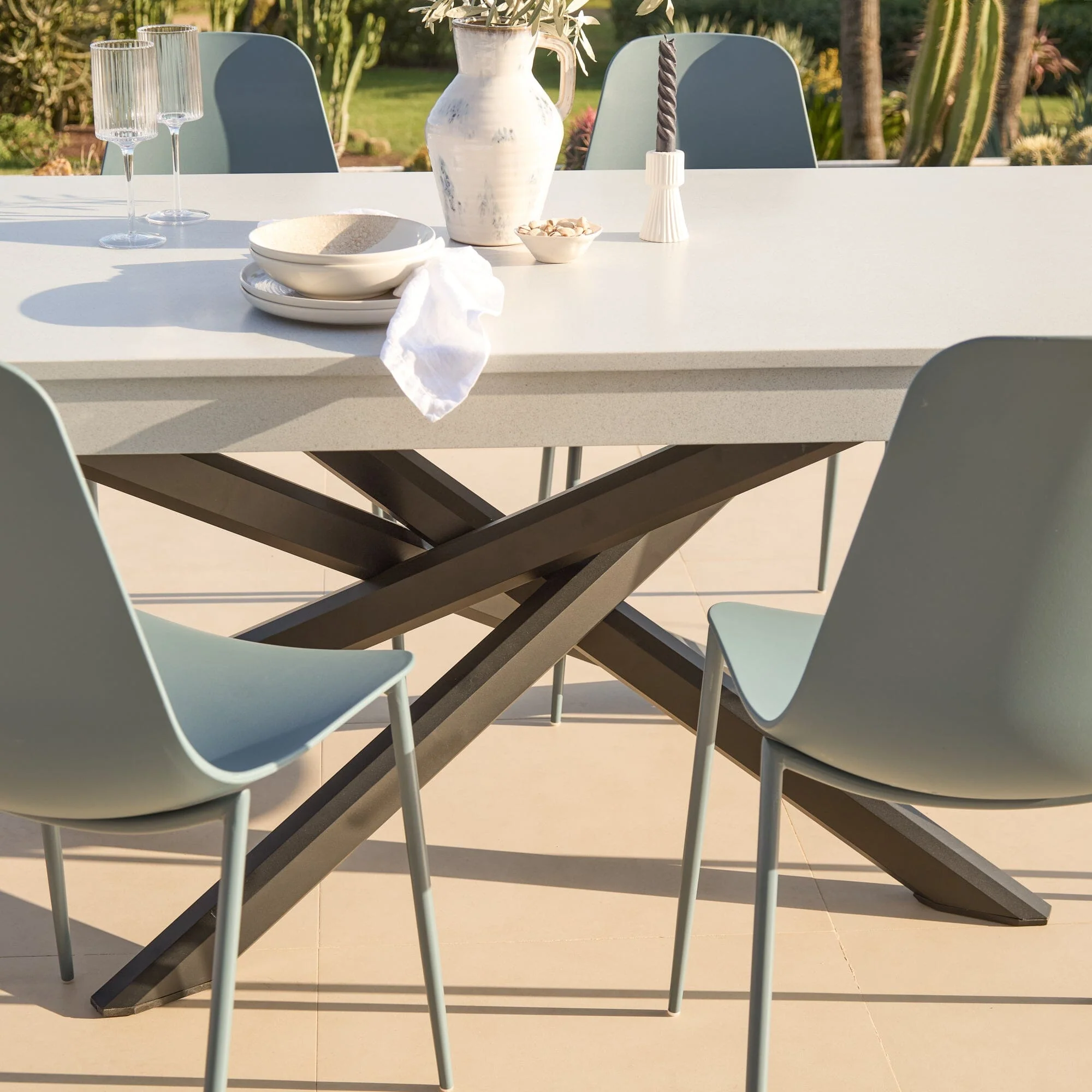 Amelia 6 Seater Pale Grey Concrete Garden Dining Set with Wren Blue Chairs - Image 3