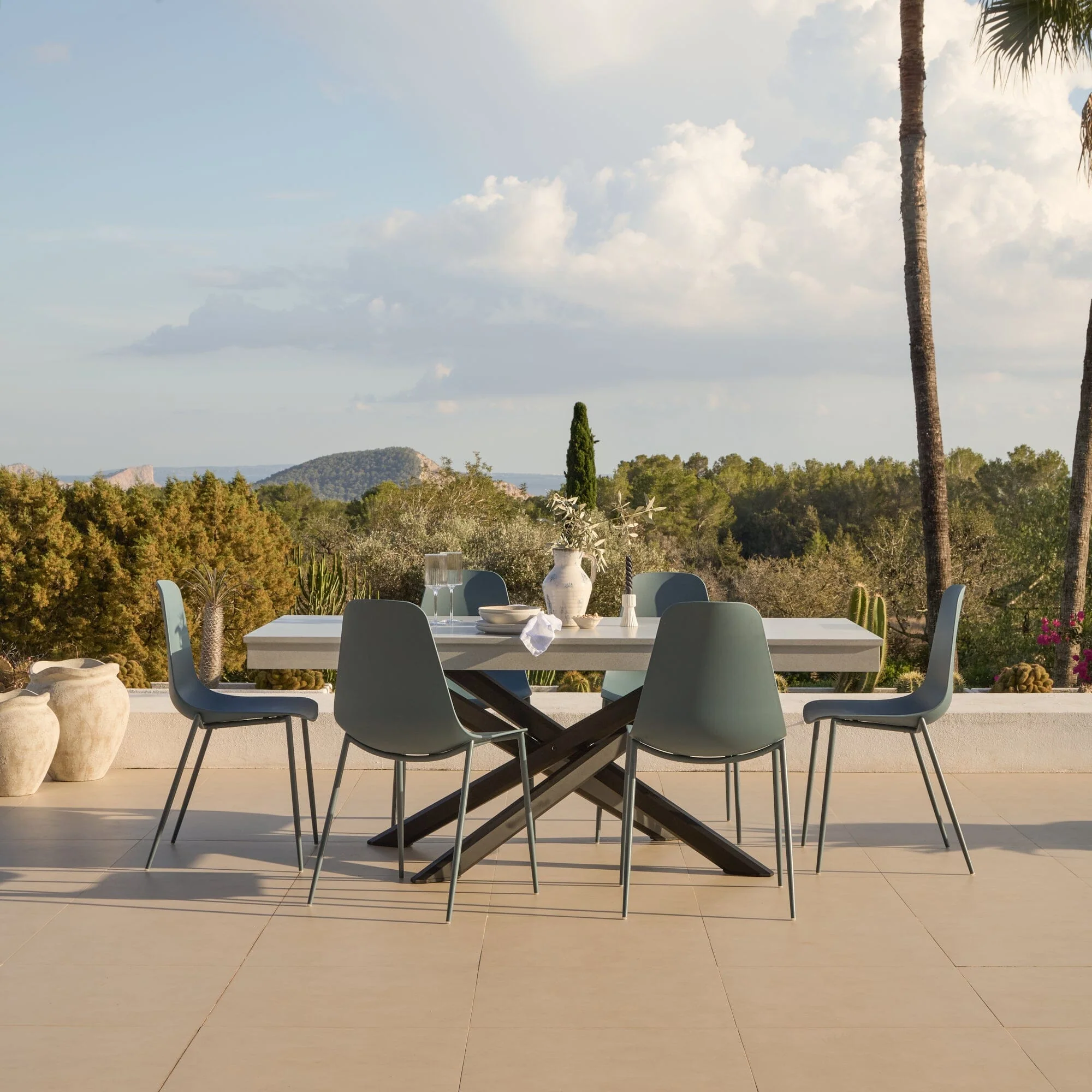 Amelia 6 Seater Pale Grey Concrete Garden Dining Set with Wren Blue Chairs - Image 4