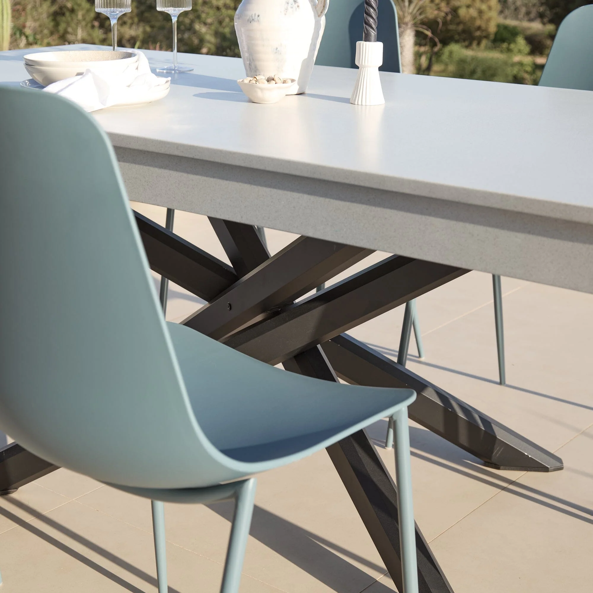 Amelia 6 Seater Pale Grey Concrete Garden Dining Set with Wren Blue Chairs - Image 5