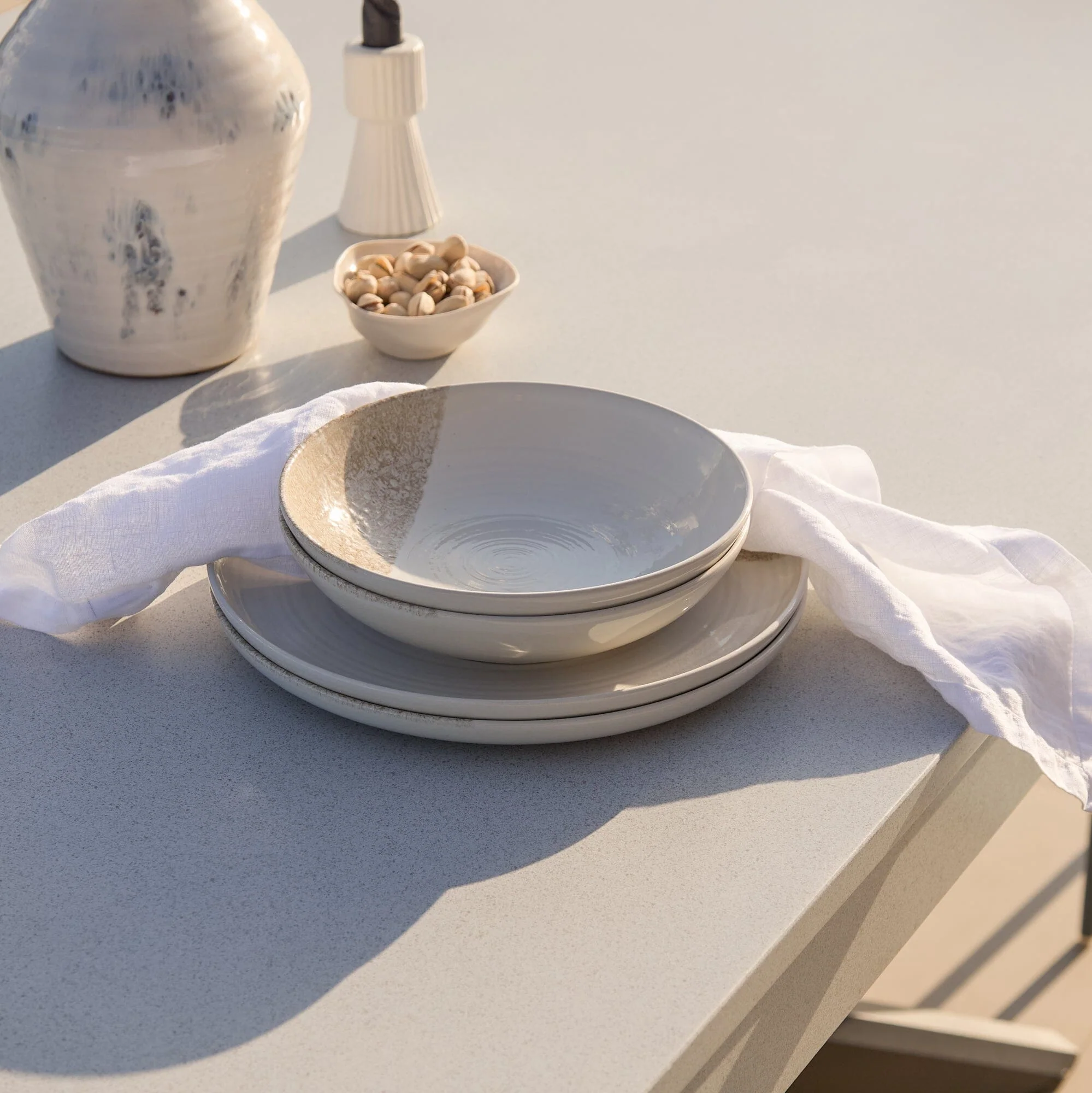 Amelia 6 Seater Pale Grey Concrete Garden Dining Set with Wren Blue Chairs - Image 6